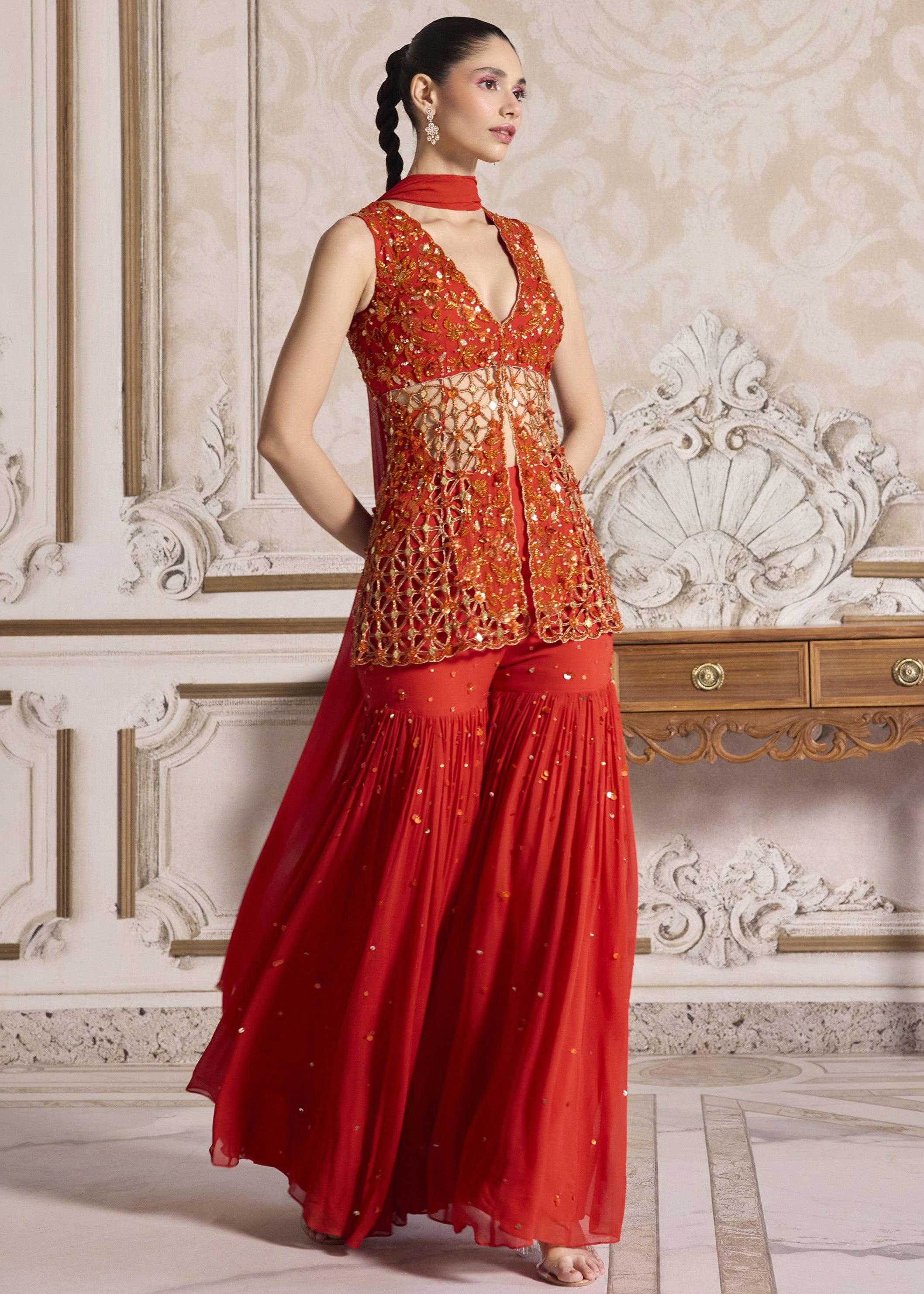 Rust Cut-work Peplum And Sharara