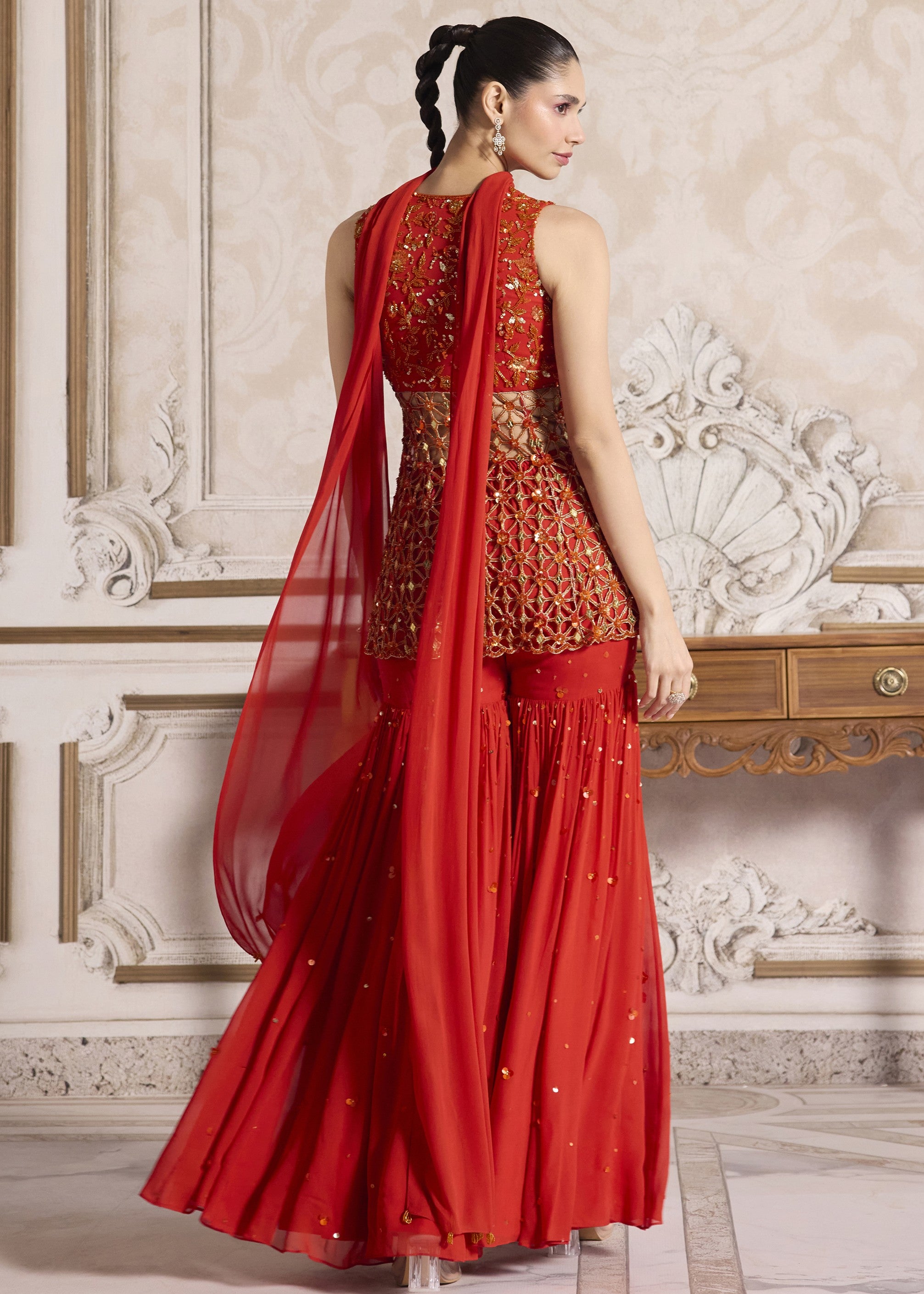 Rust Cut-work Peplum And Sharara