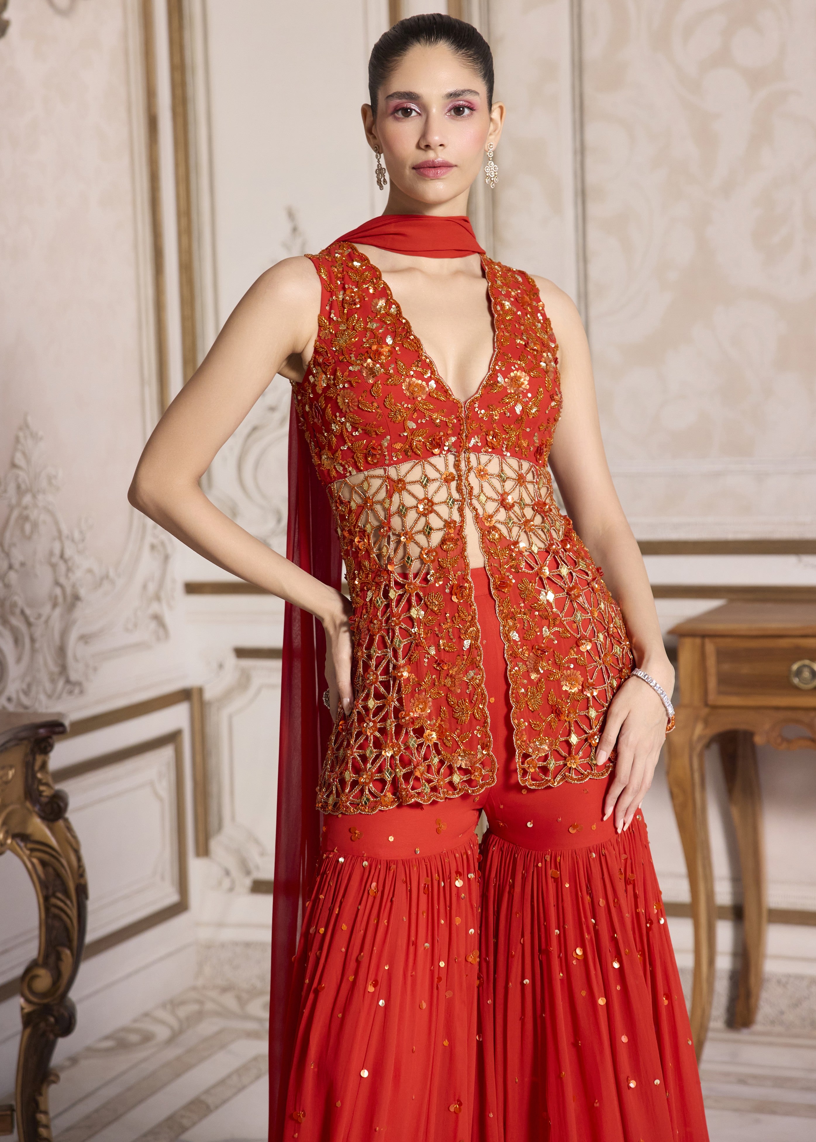 Rust Cut-work Peplum And Sharara