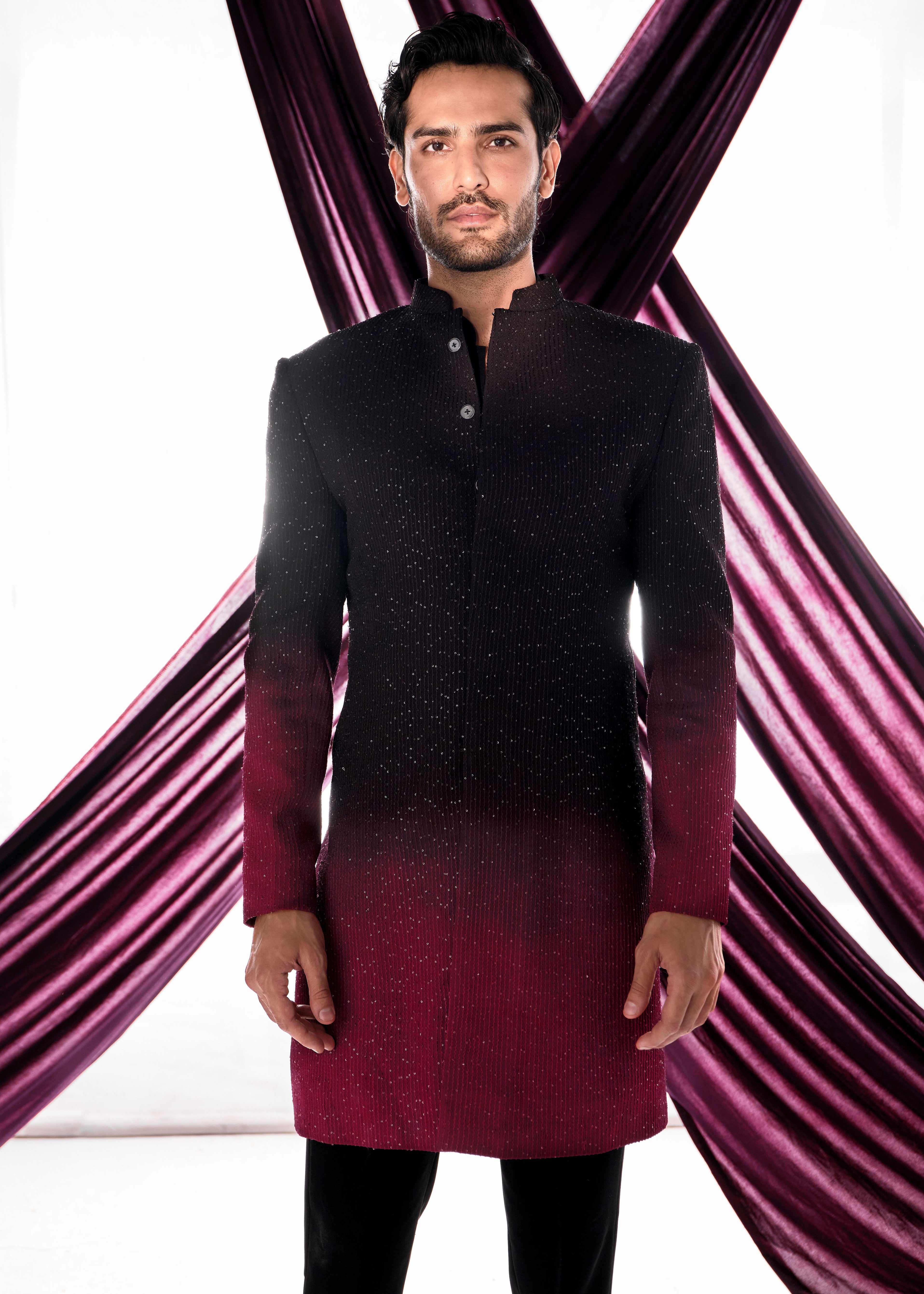 Black To Wine Sequins Sherwani