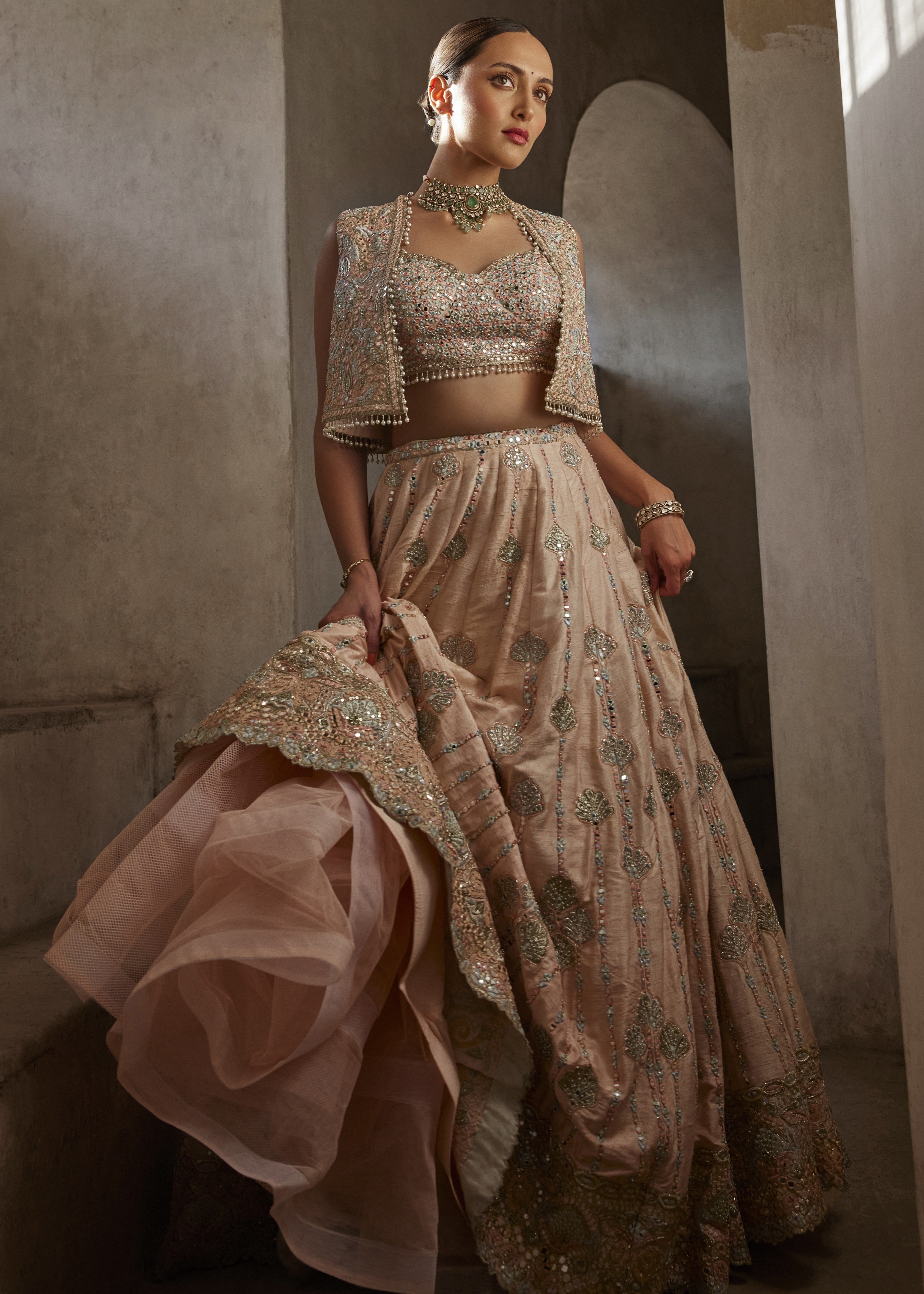 Peach Lehenga with Short Jacket and Bustier