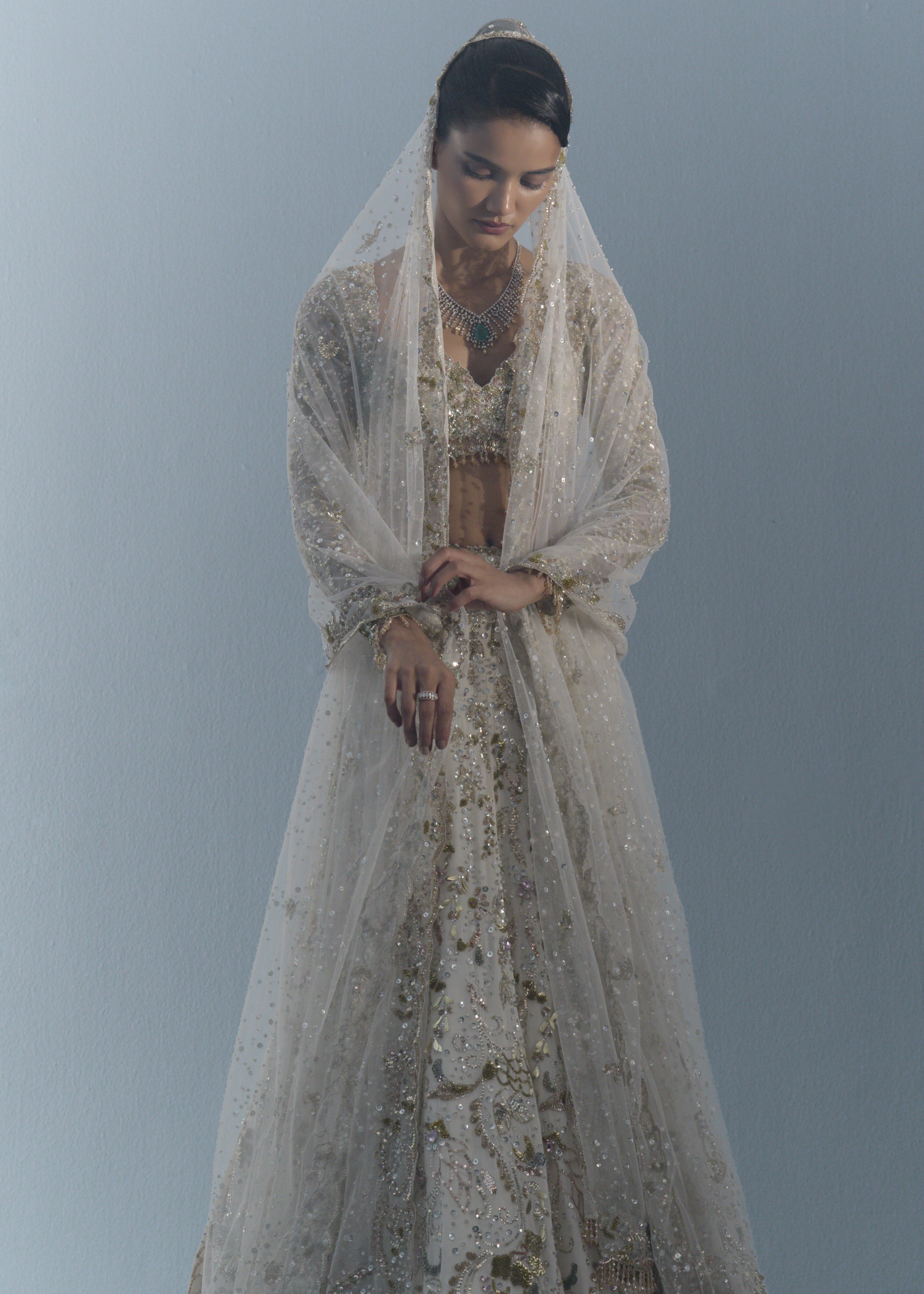 Ivory Georgette Fitted Lehenga Set