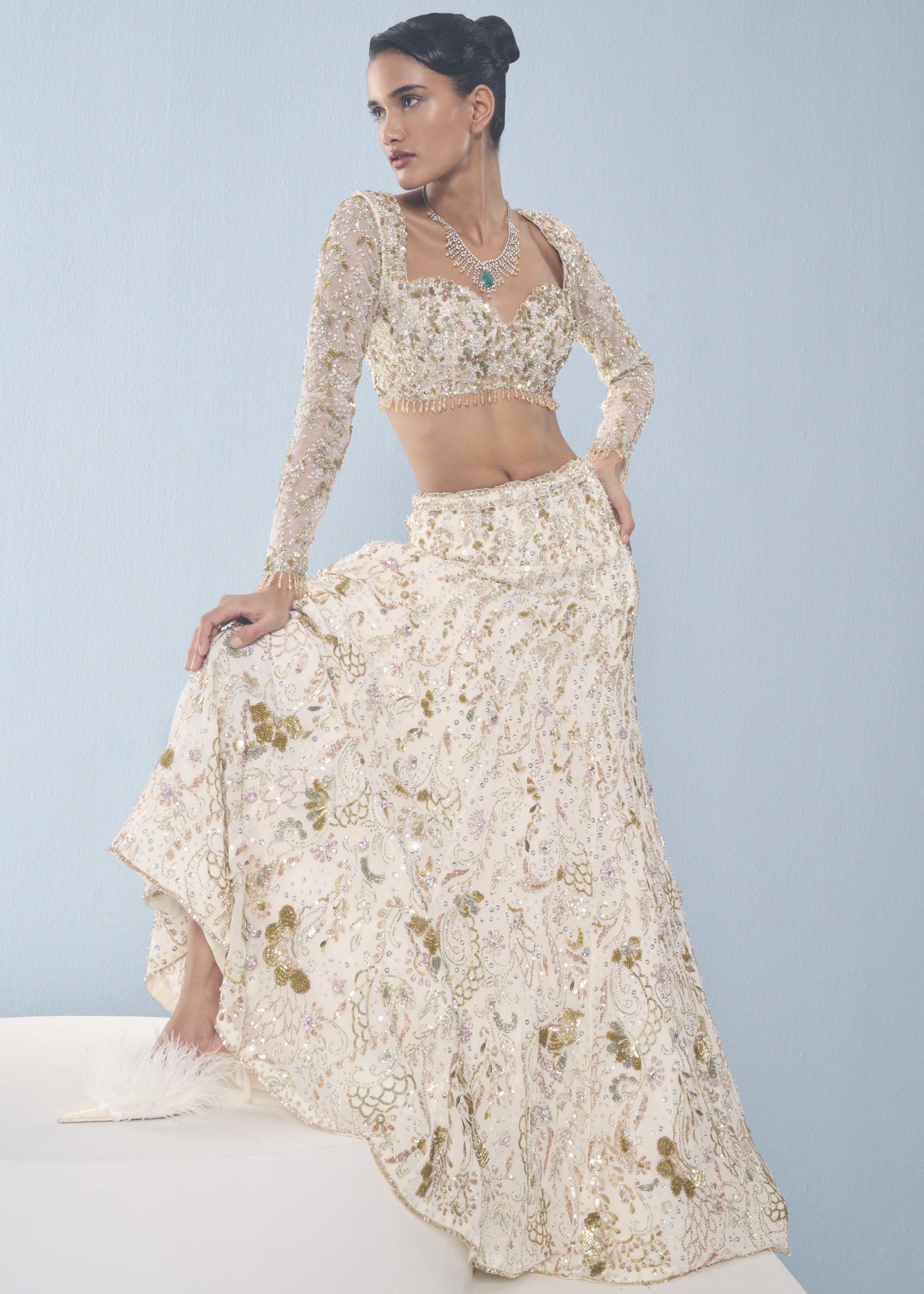 Ivory Georgette Fitted Lehenga Set
