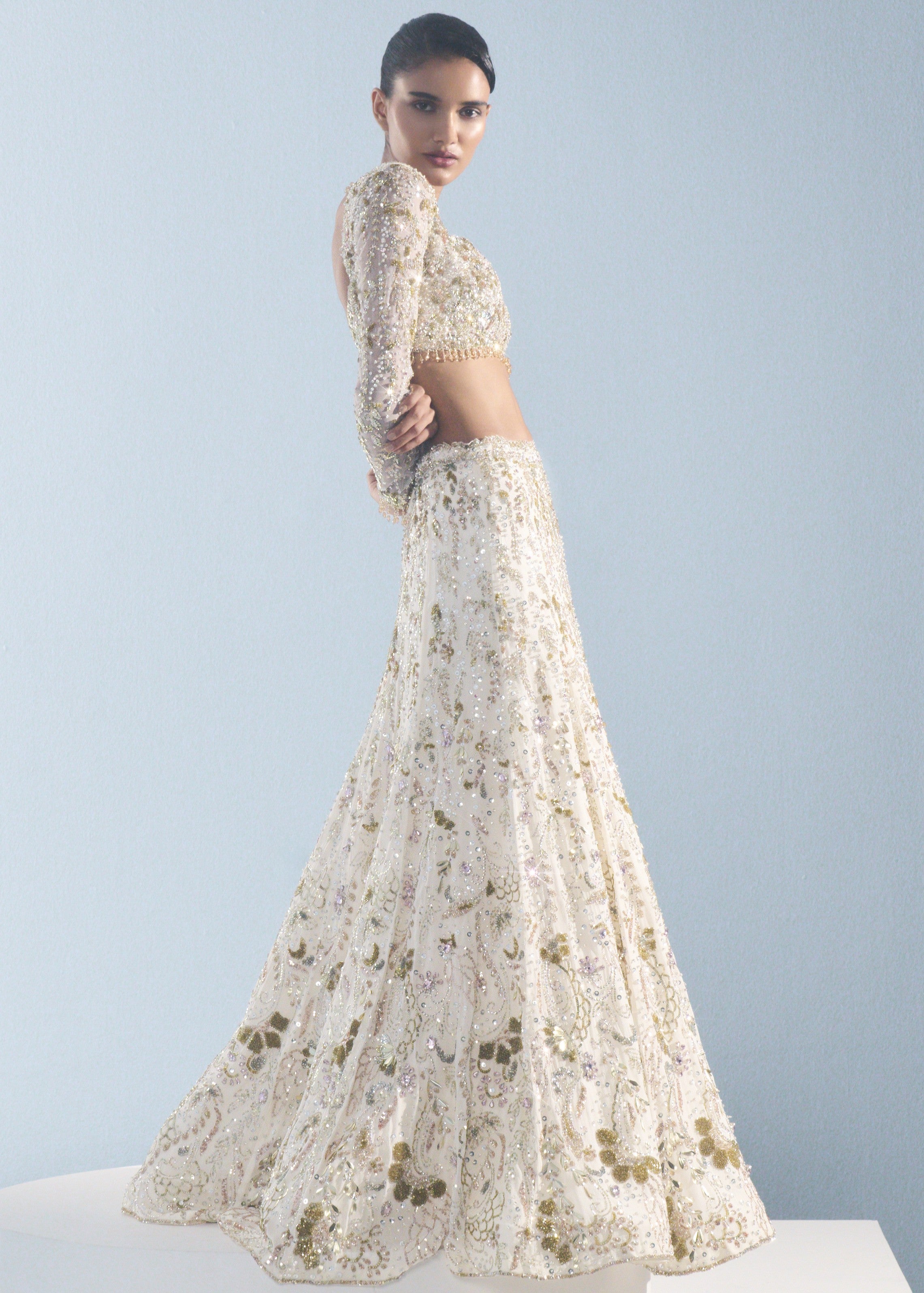 Ivory Georgette Fitted Lehenga Set