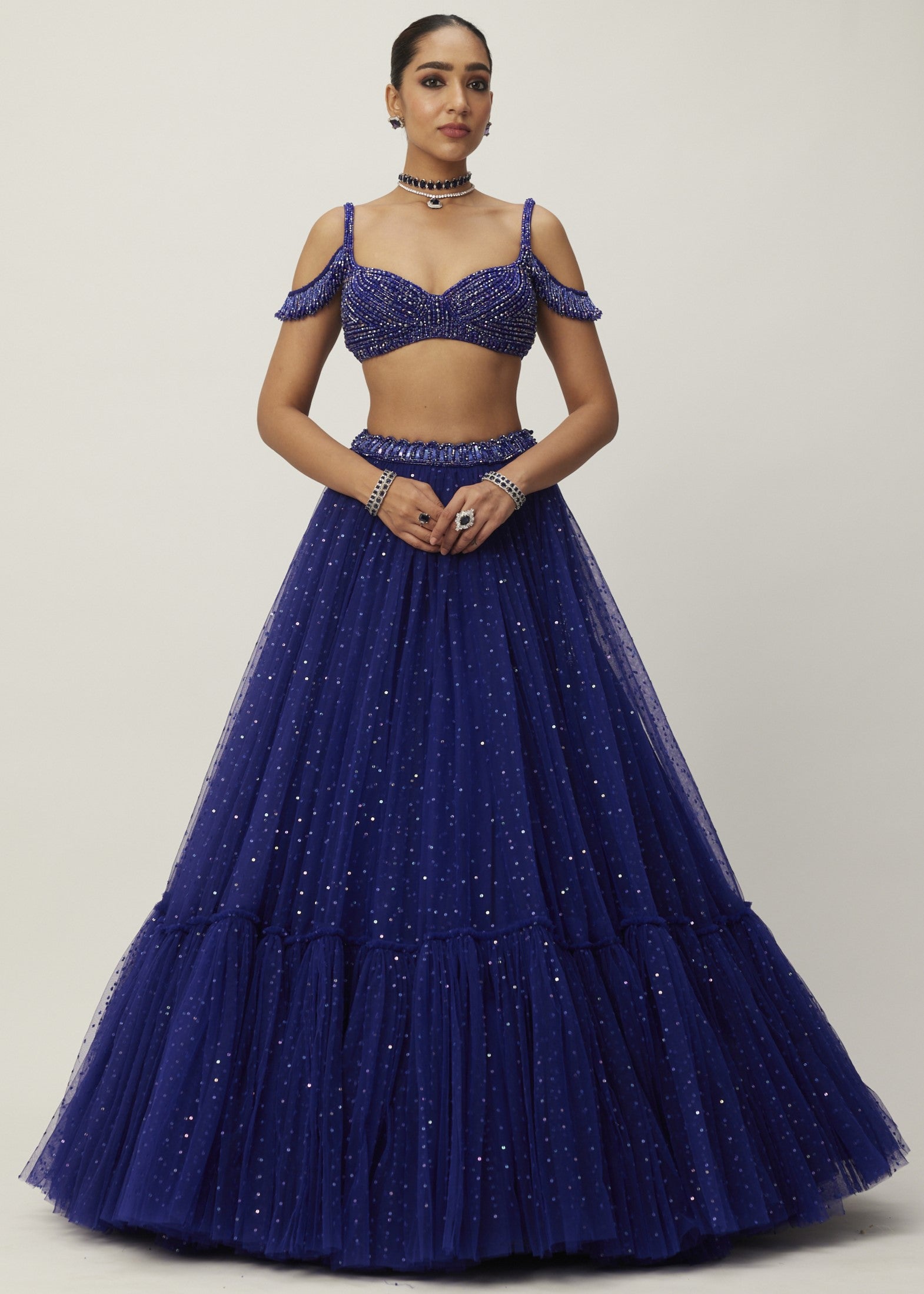Cocktail Blue Sequins Scattered Tulle Lehenga Set