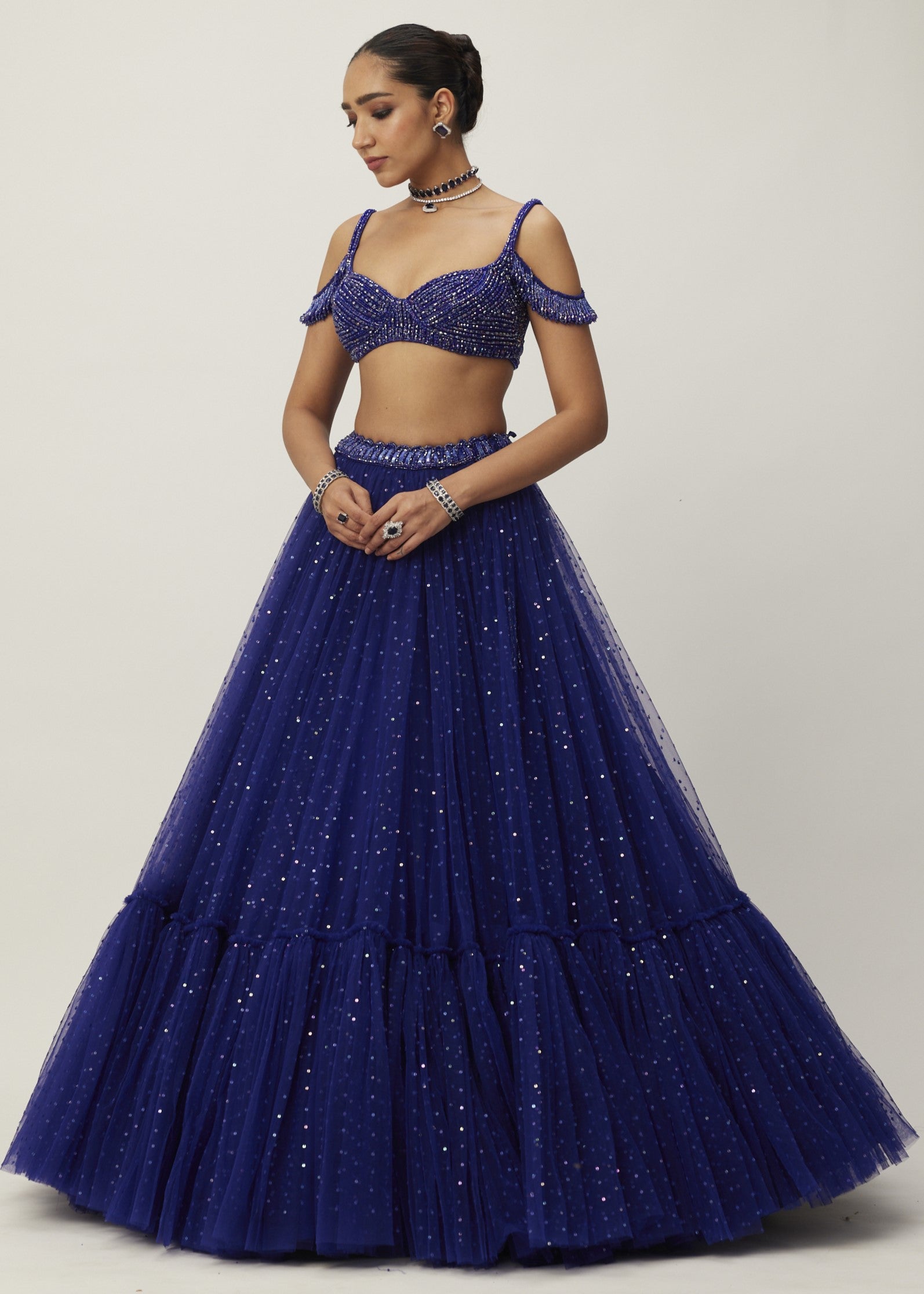 Cocktail Blue Sequins Scattered Tulle Lehenga Set