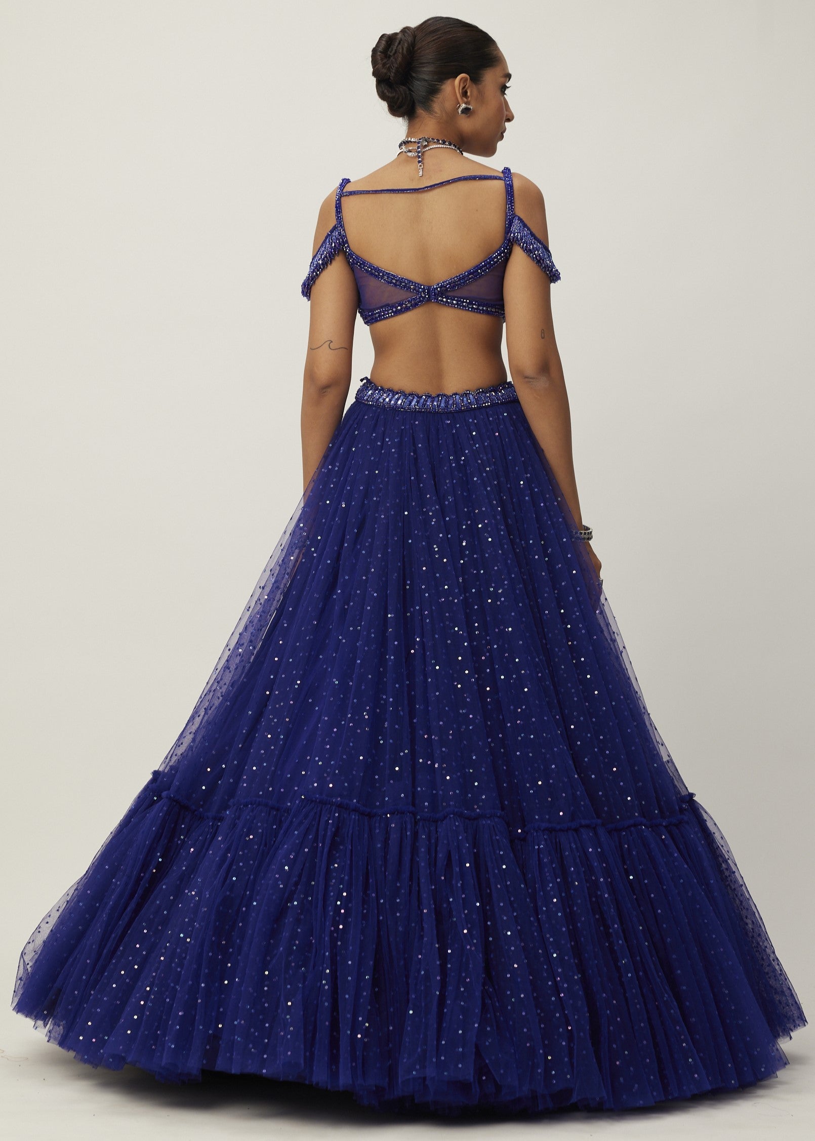 Cocktail Blue Sequins Scattered Tulle Lehenga Set