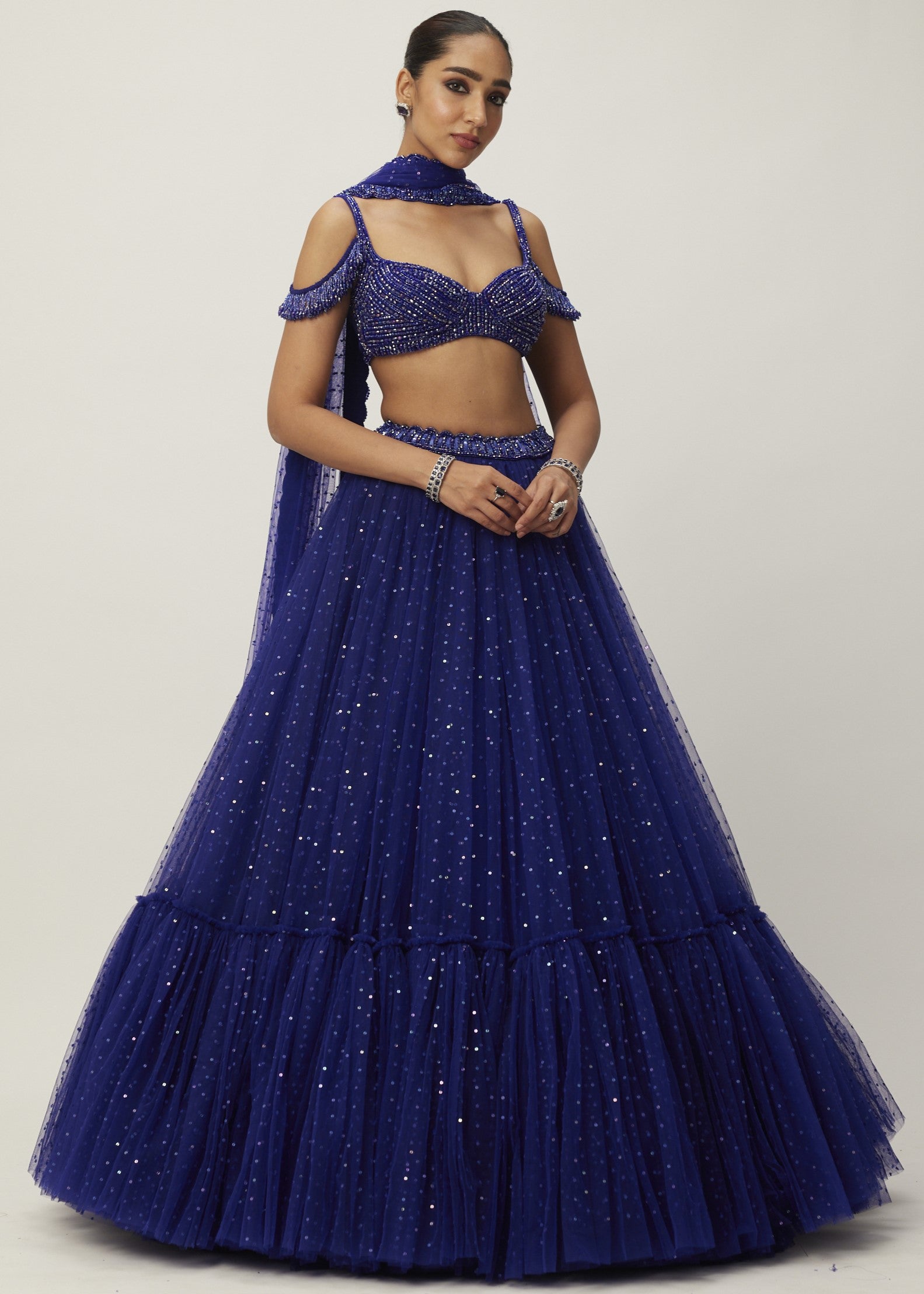 Cocktail Blue Sequins Scattered Tulle Lehenga Set
