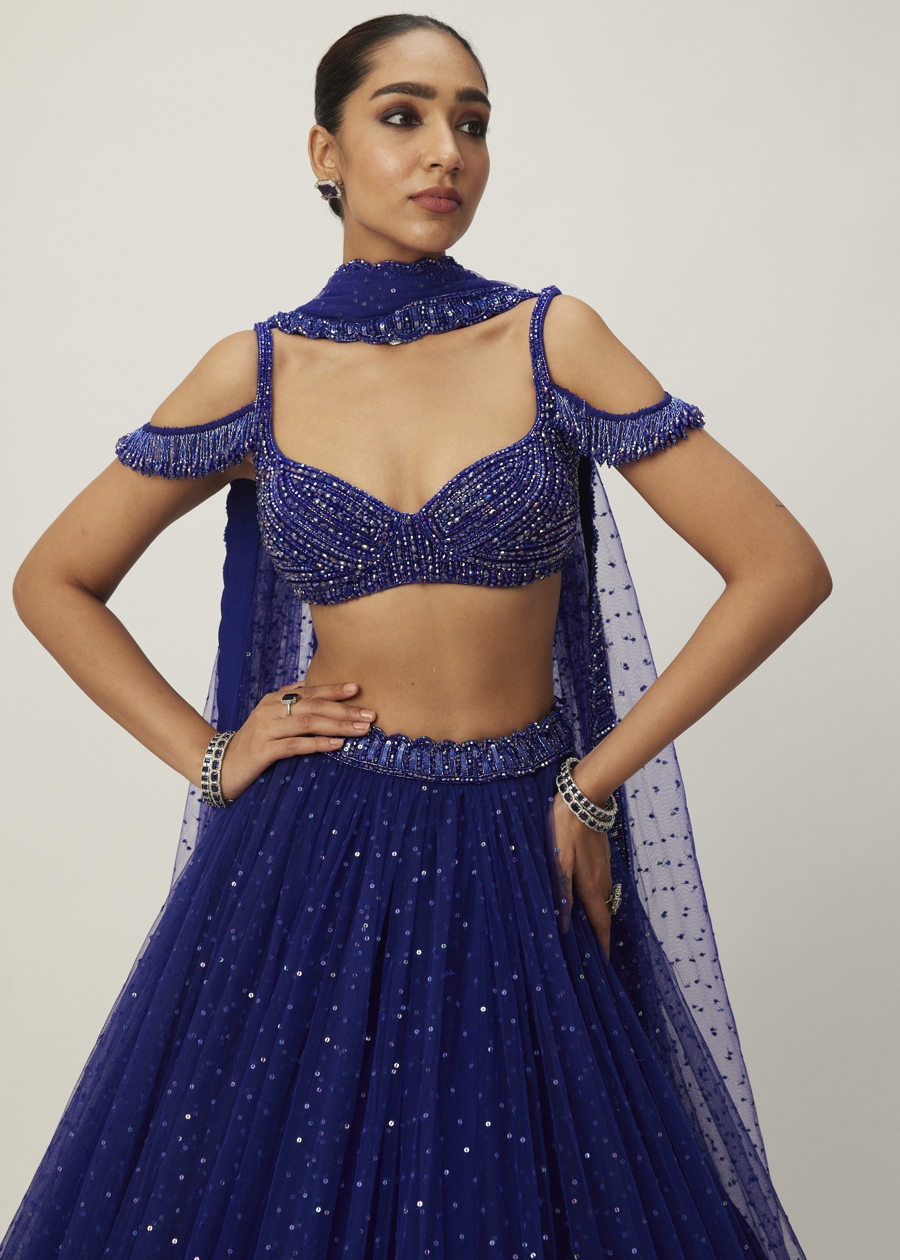Cocktail Blue Sequins Scattered Tulle Lehenga Set