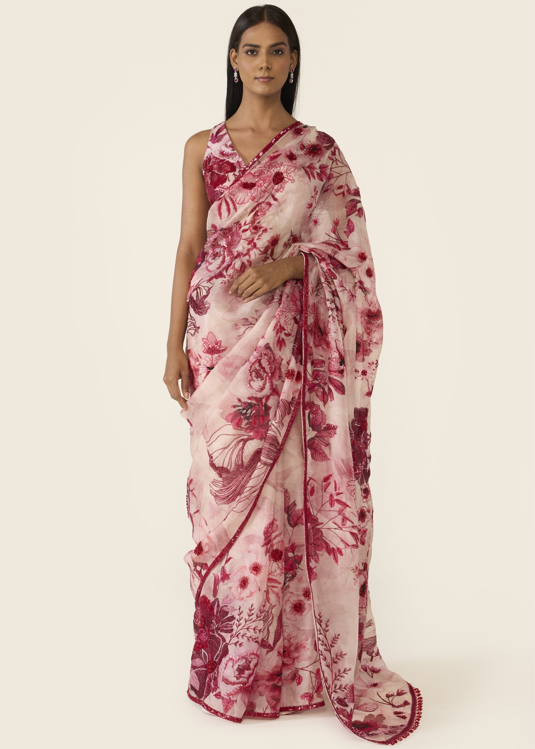Pink Printed Classic Sari Set
