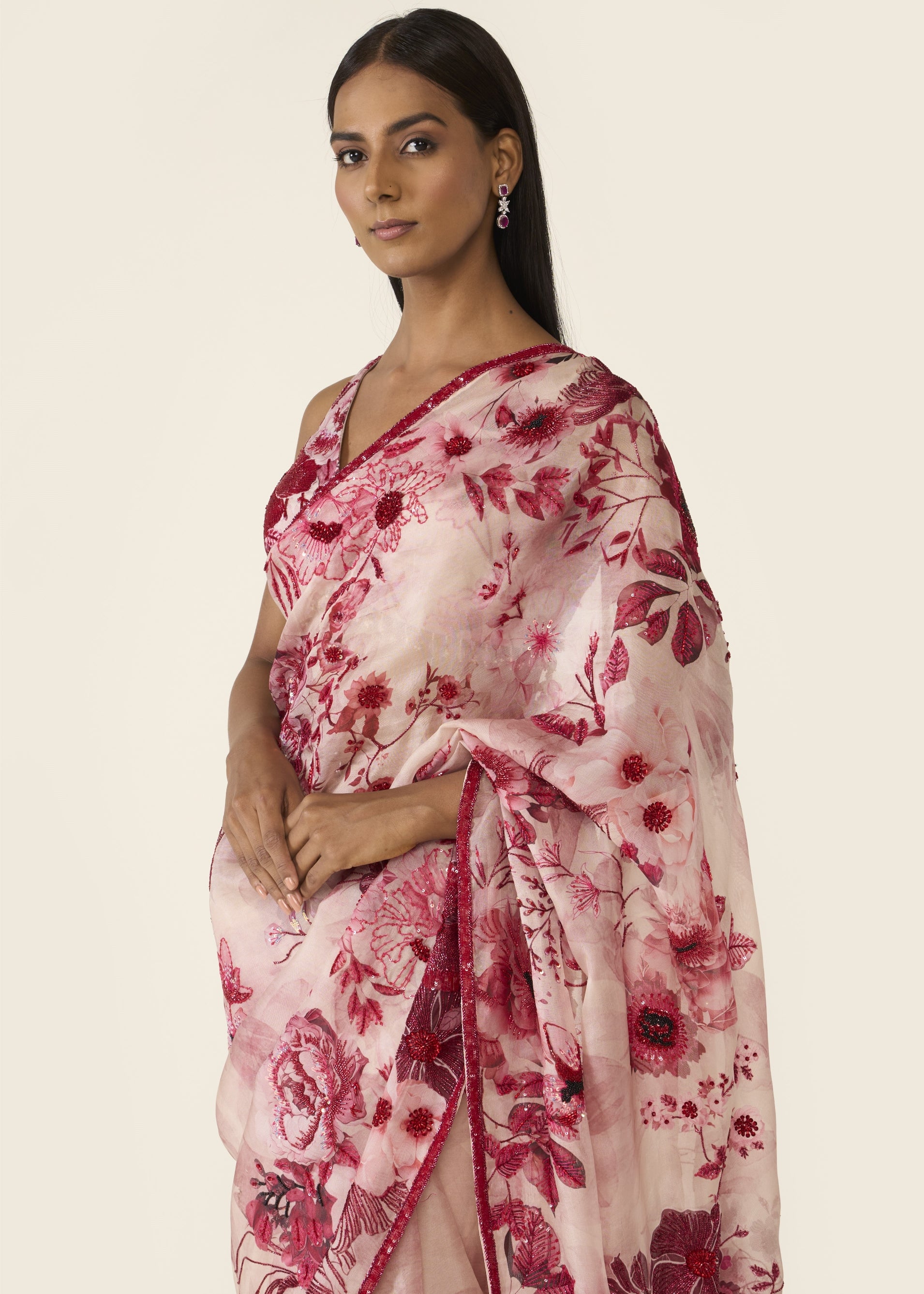 Pink Printed Classic Sari Set