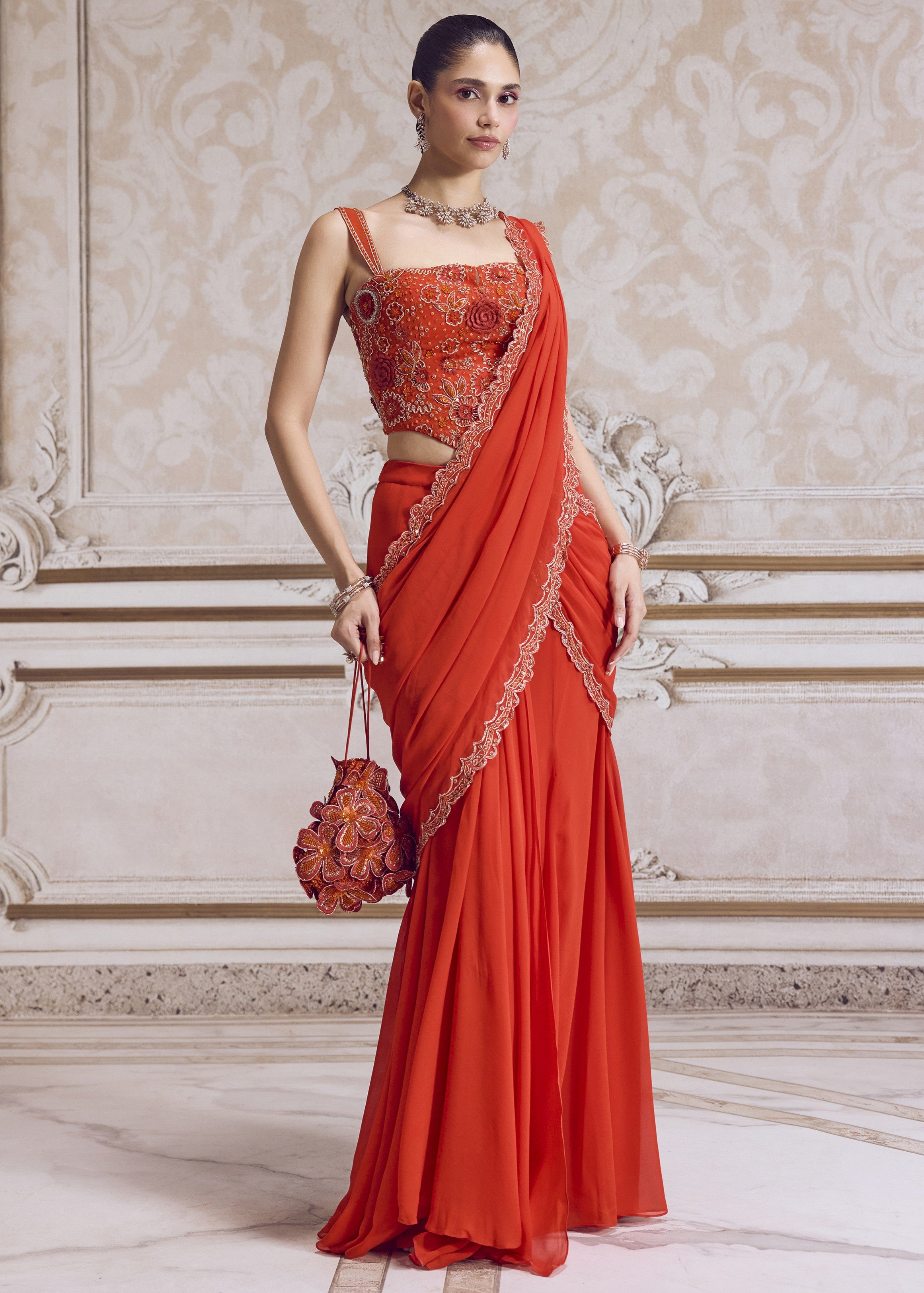 Rust Pre-draped Sari And Corset