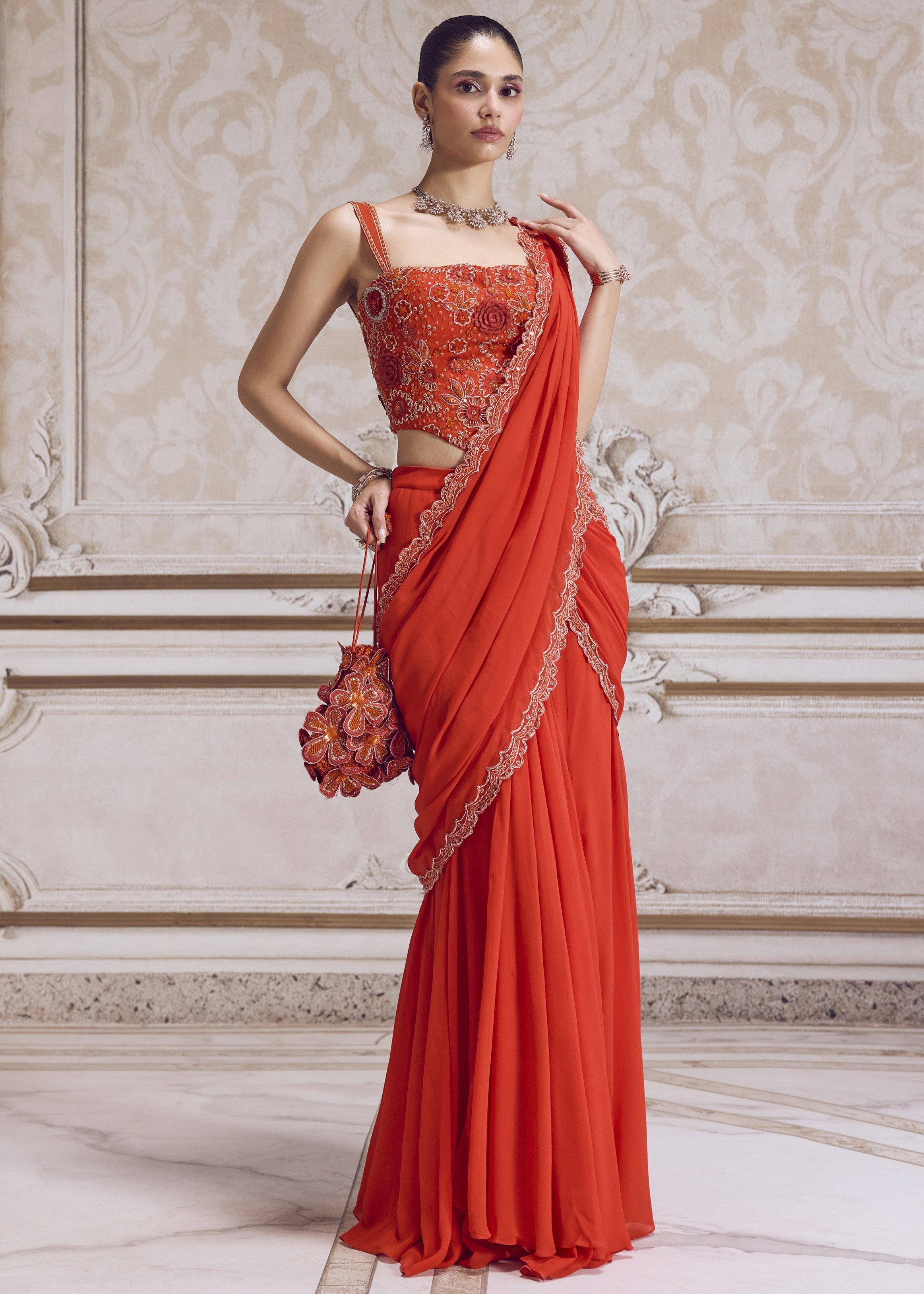 Rust Pre-draped Sari And Corset
