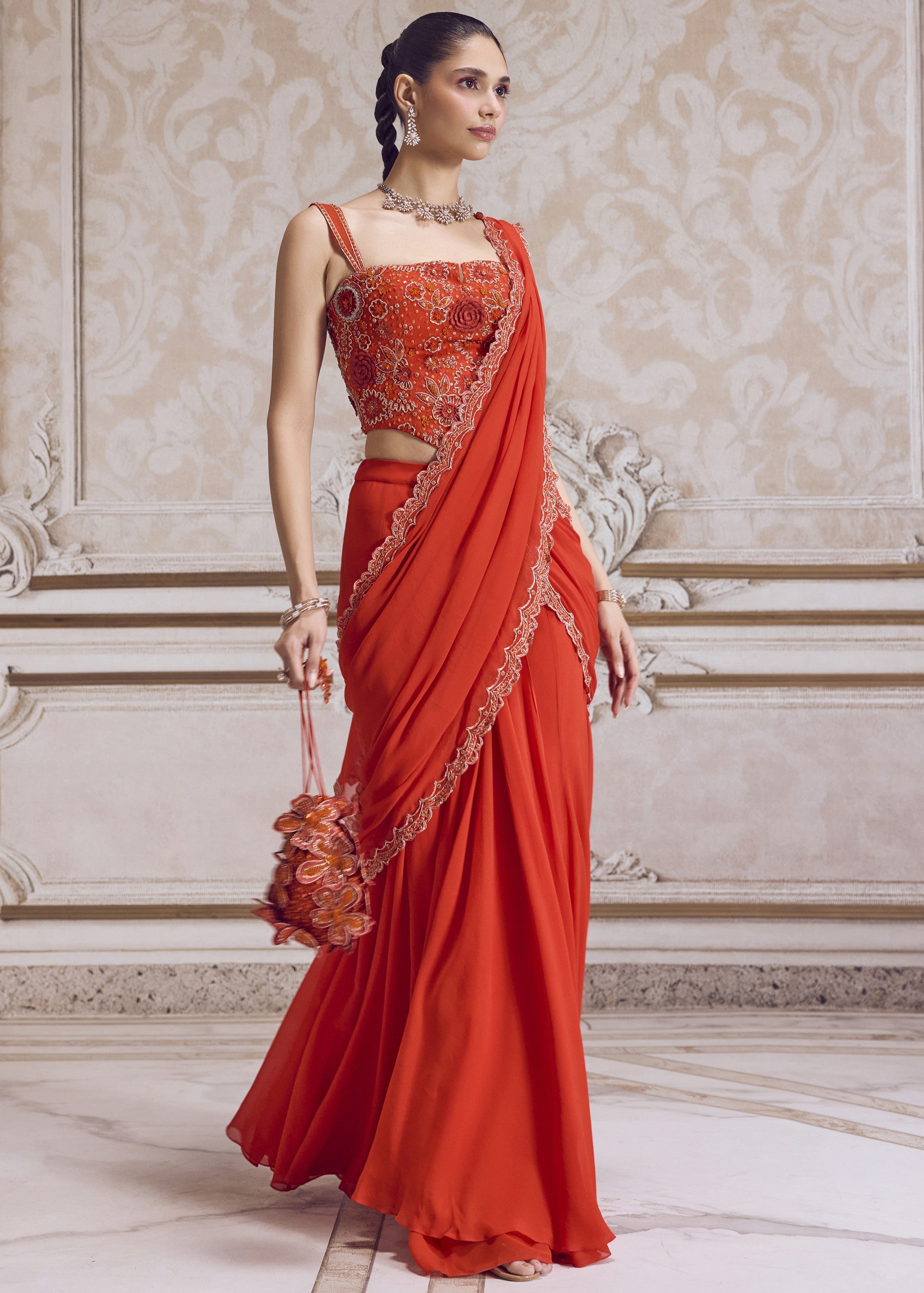 Rust Pre-draped Sari And Corset