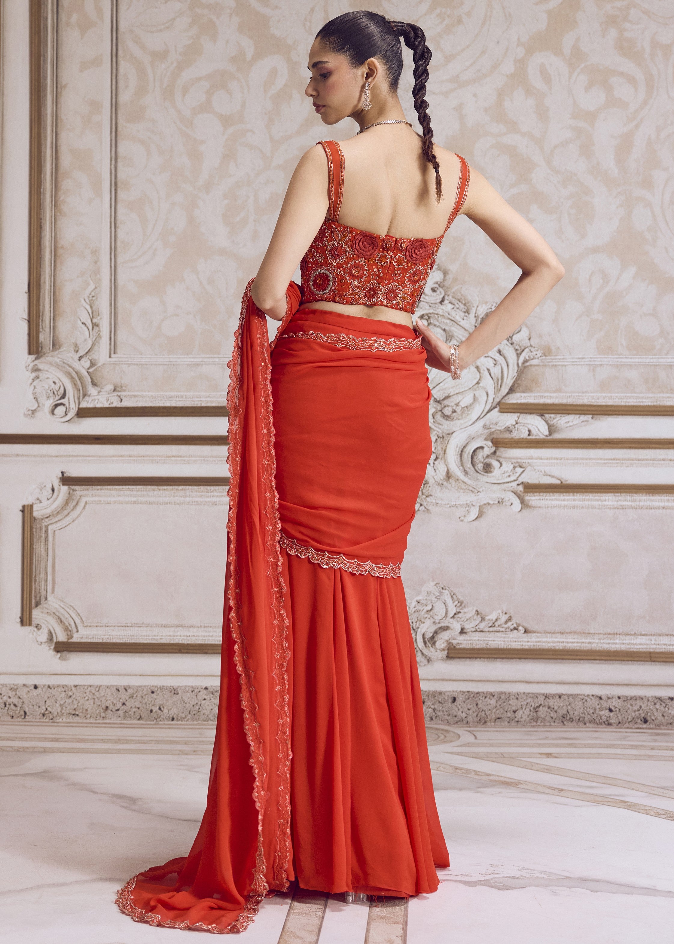 Rust Pre-draped Sari And Corset