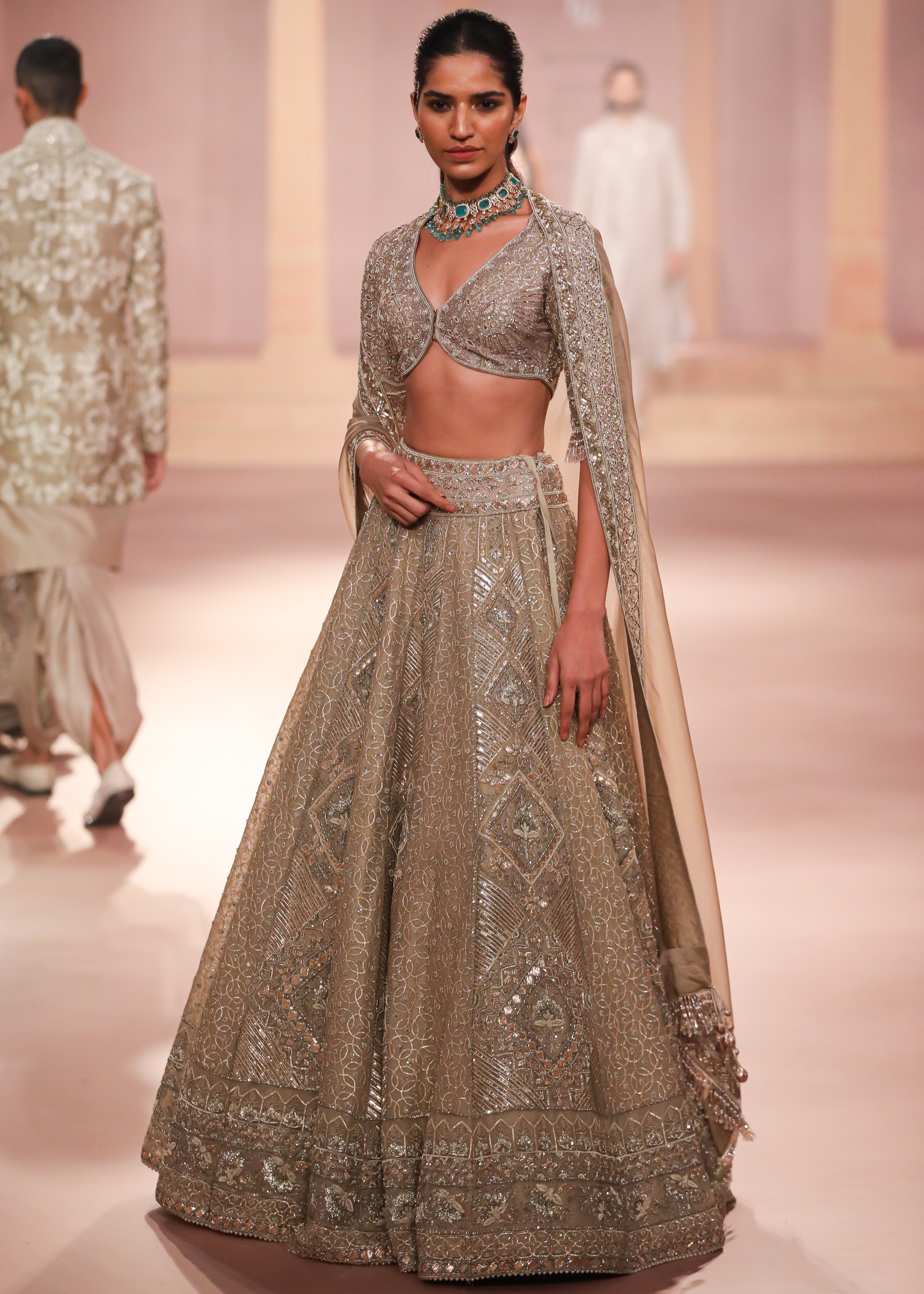 Beige Gold Organza Lehenga Set