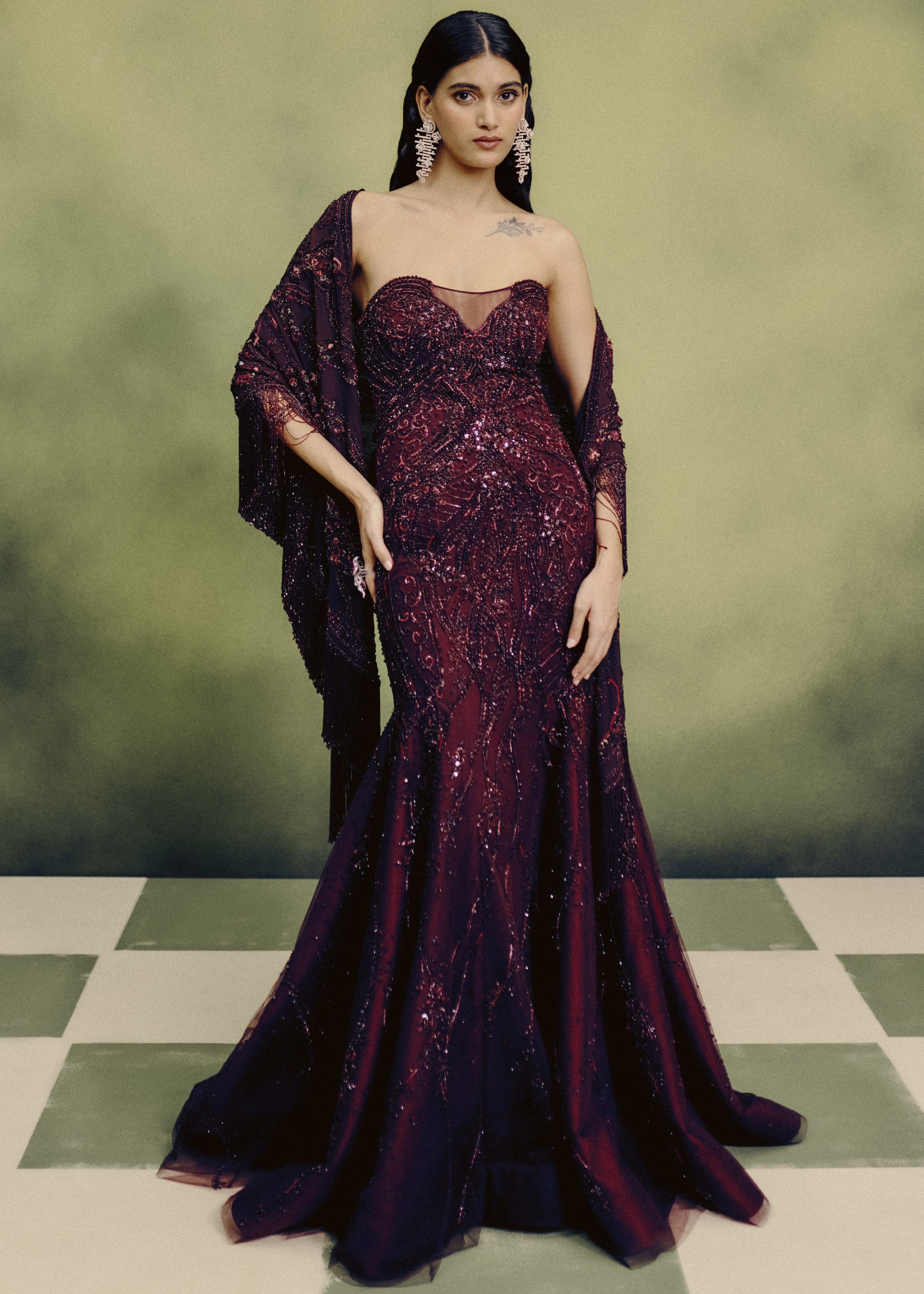 Sangria Gown With Cape Drape