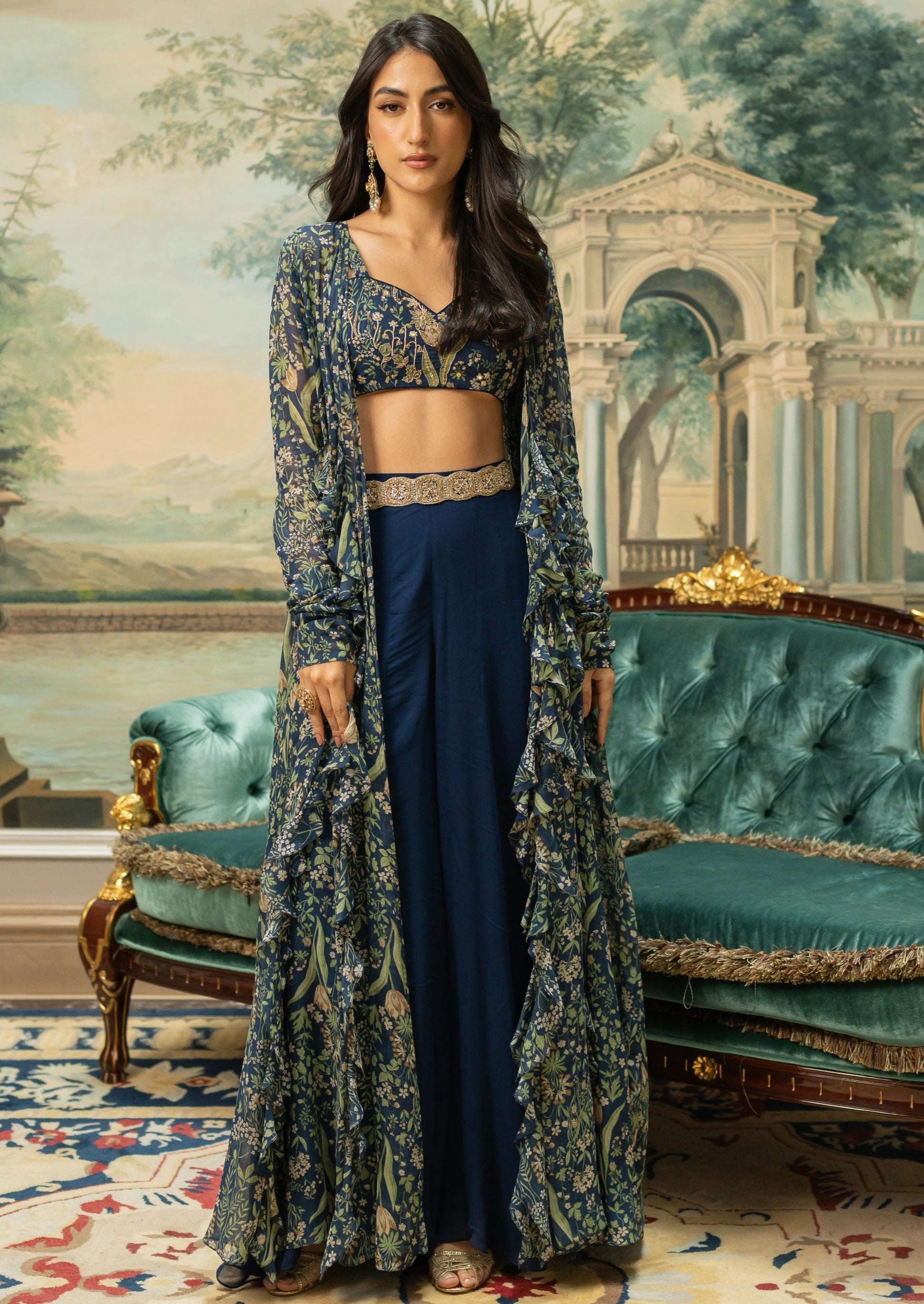 Navy Blue Printed Drama Jacket Set