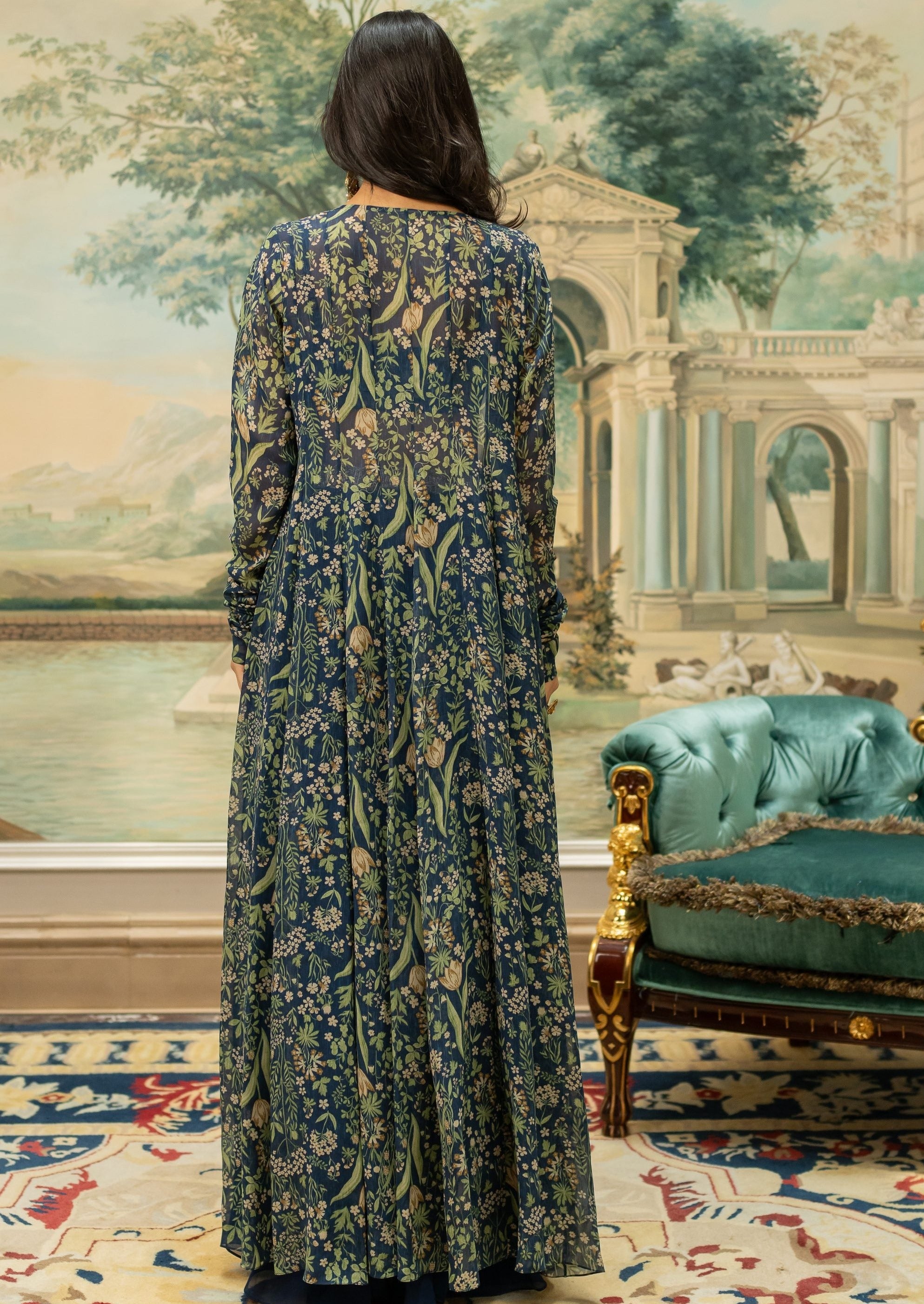 Navy Blue Printed Drama Jacket Set