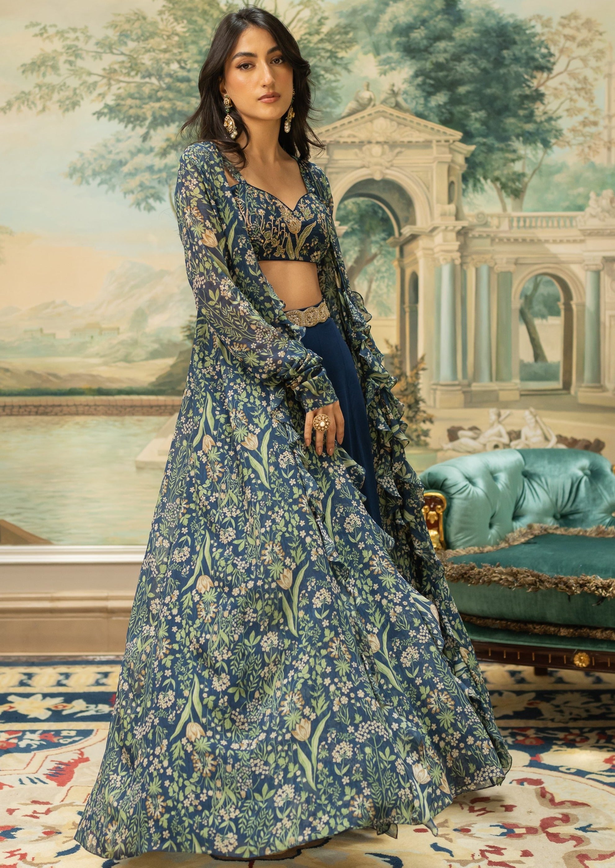 Navy Blue Printed Drama Jacket Set
