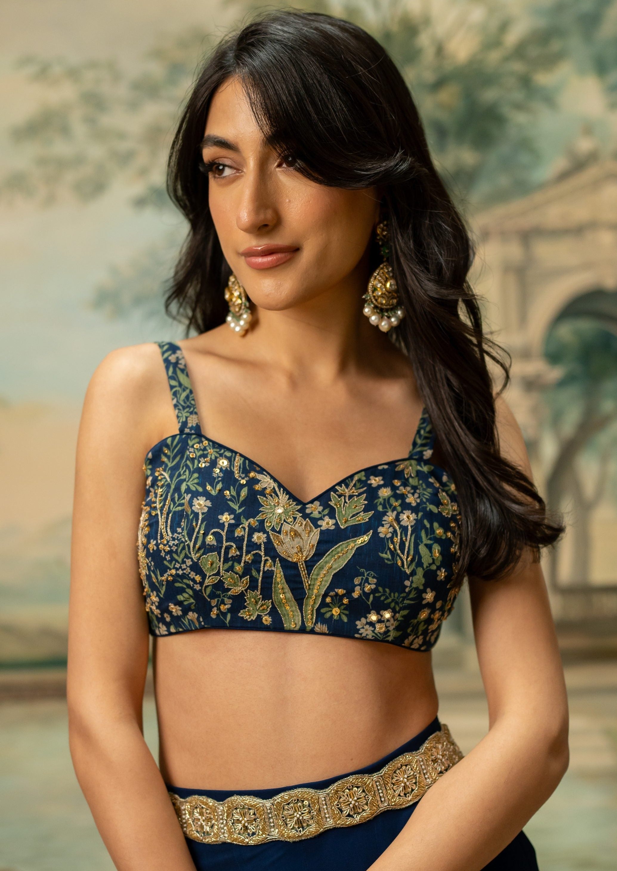 Navy Blue Printed Drama Jacket Set