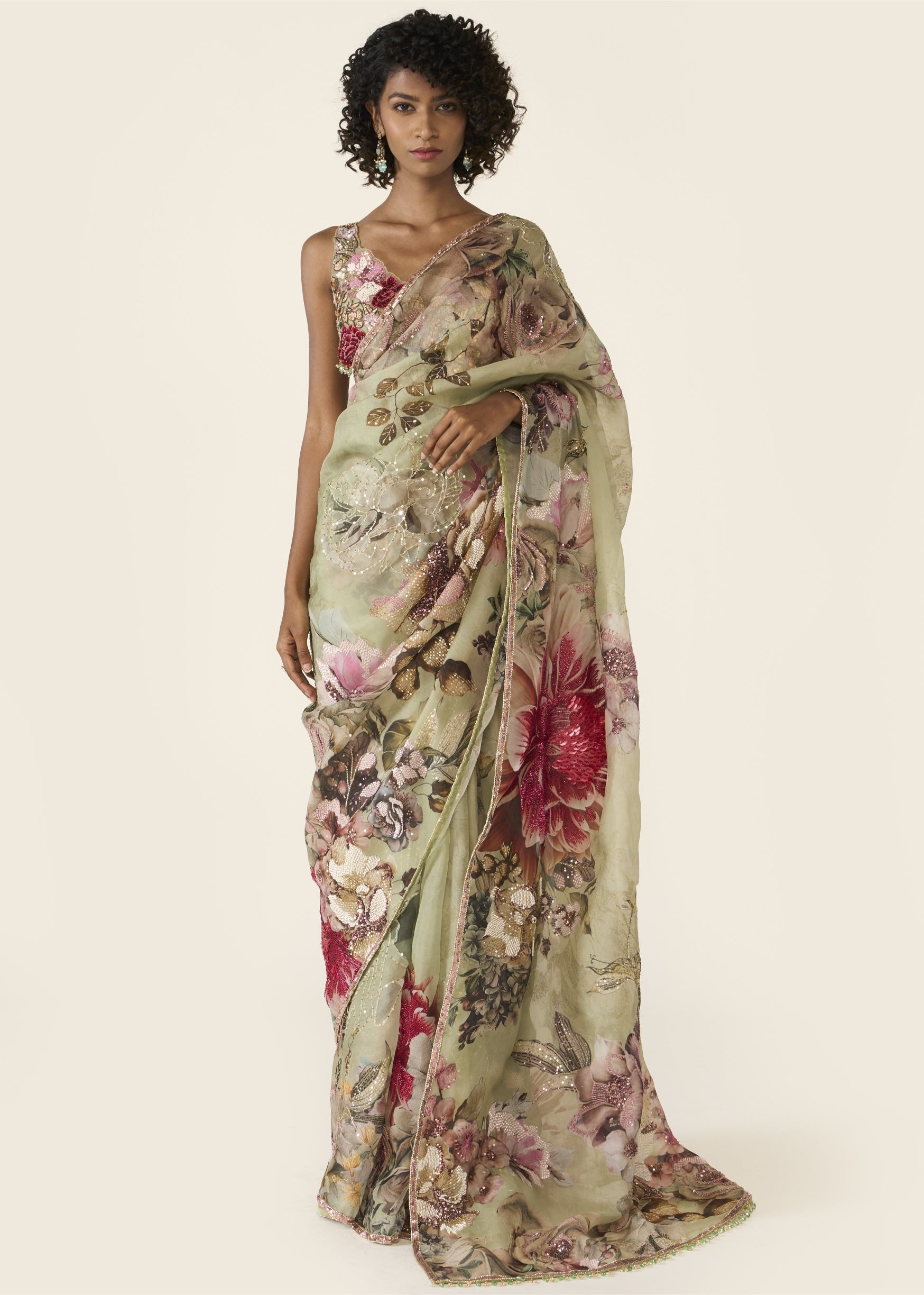 Green Printed Classic Sari Set