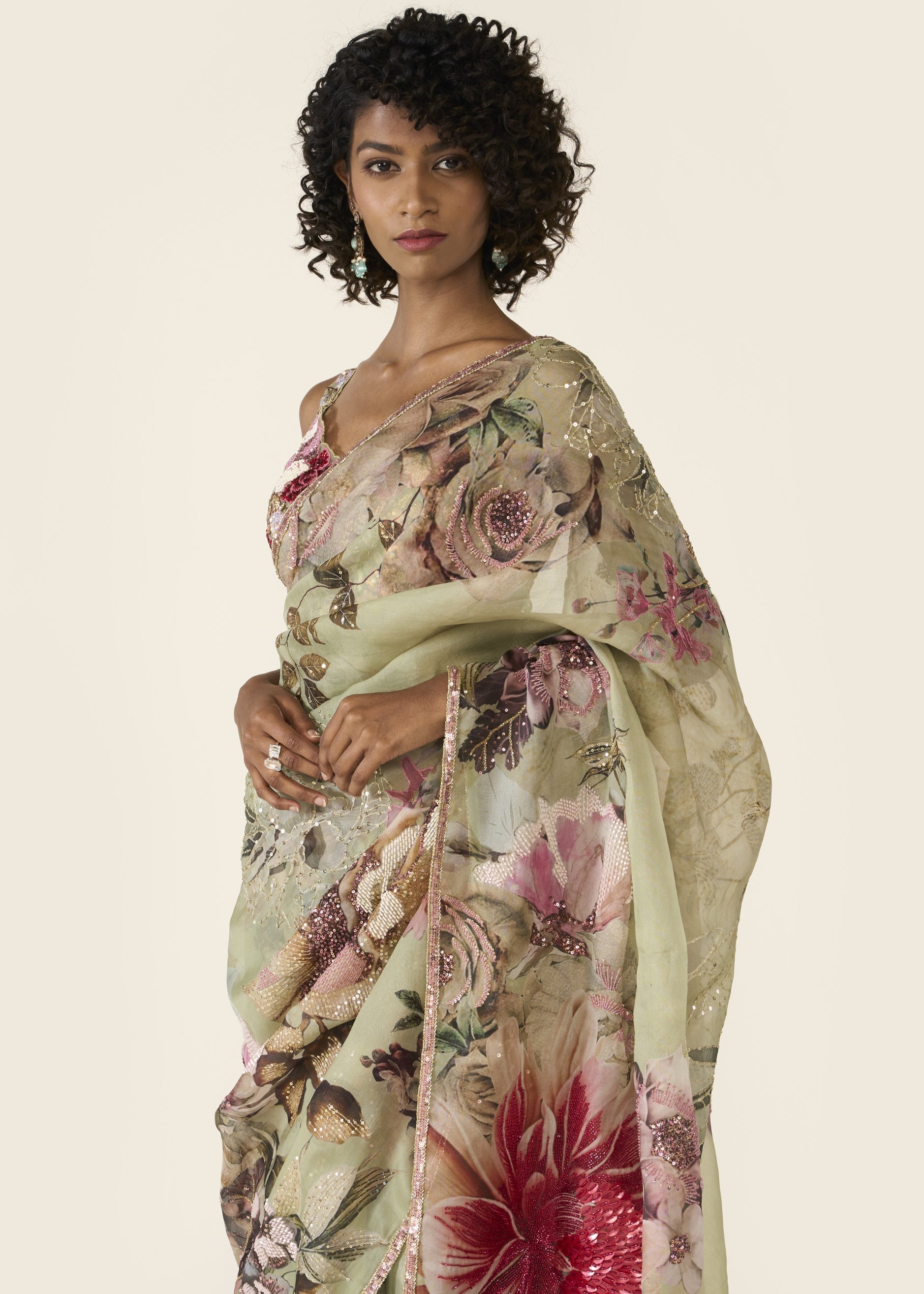 Green Printed Classic Sari Set