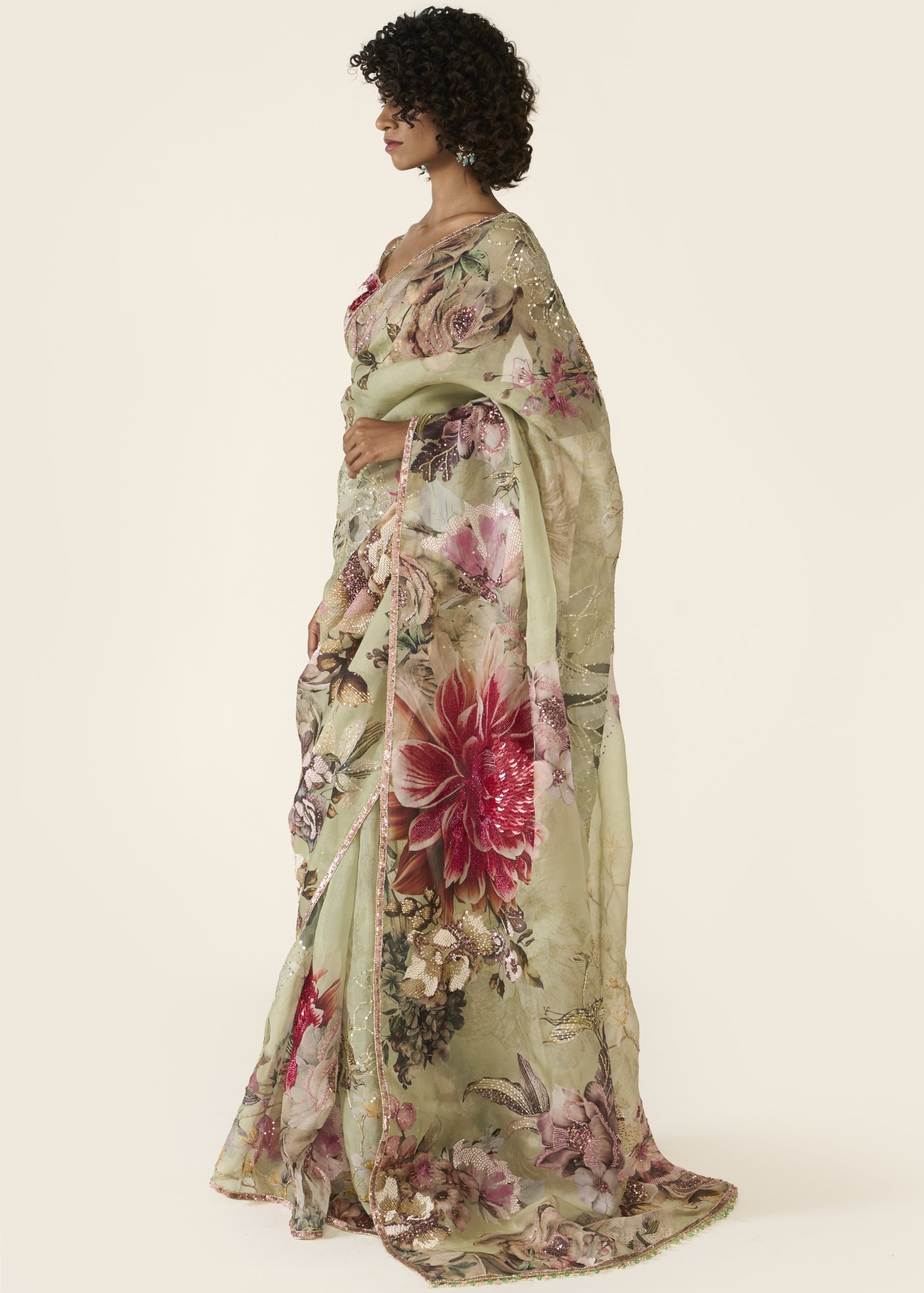 Green Printed Classic Sari Set