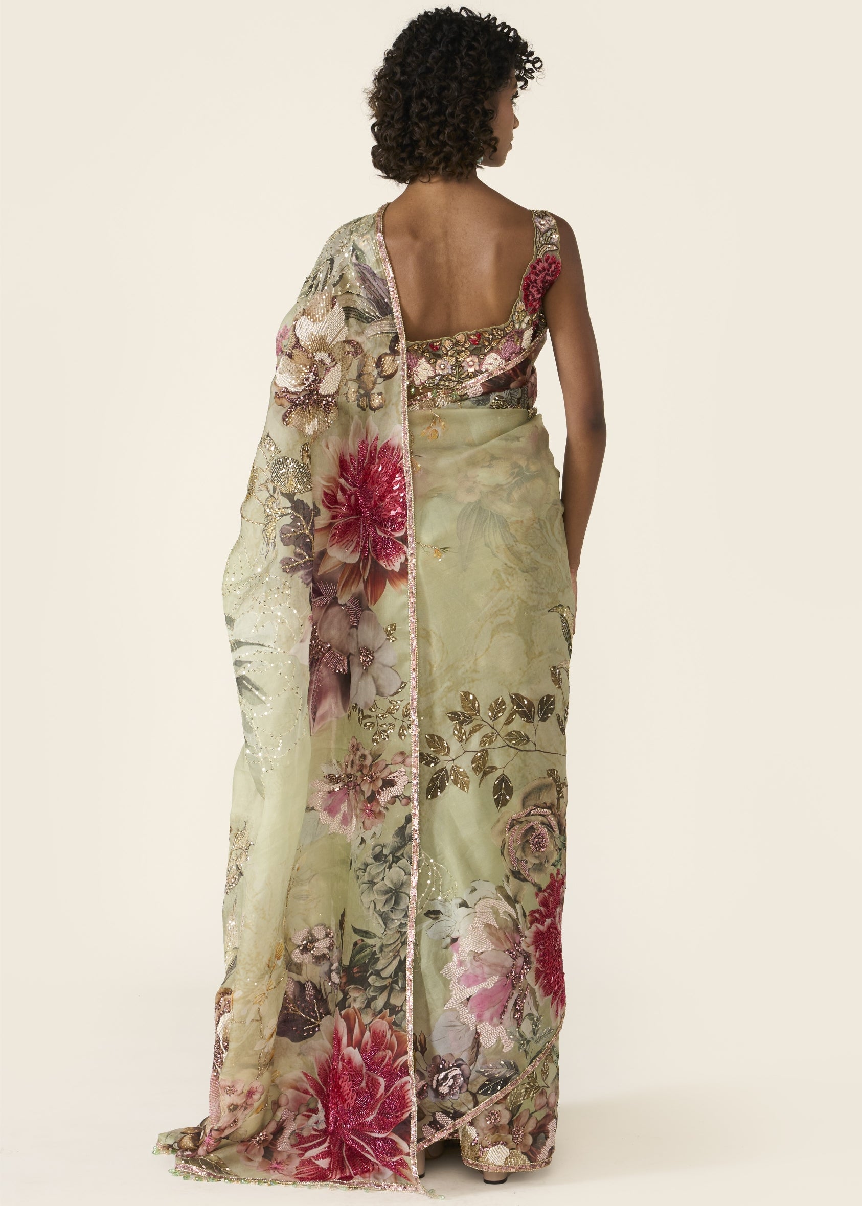 Green Printed Classic Sari Set