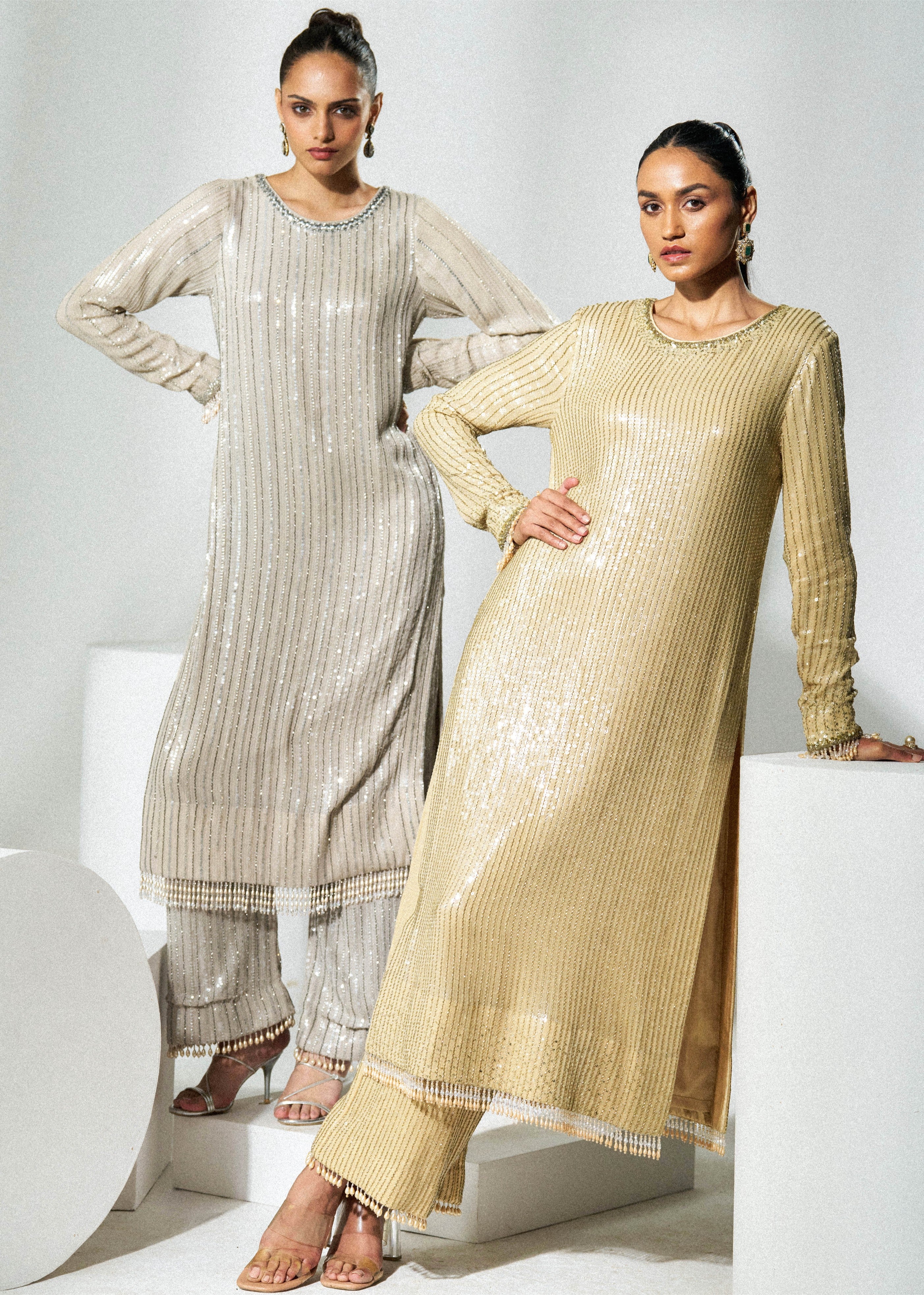 Light Gold Georgette Sequins Suit