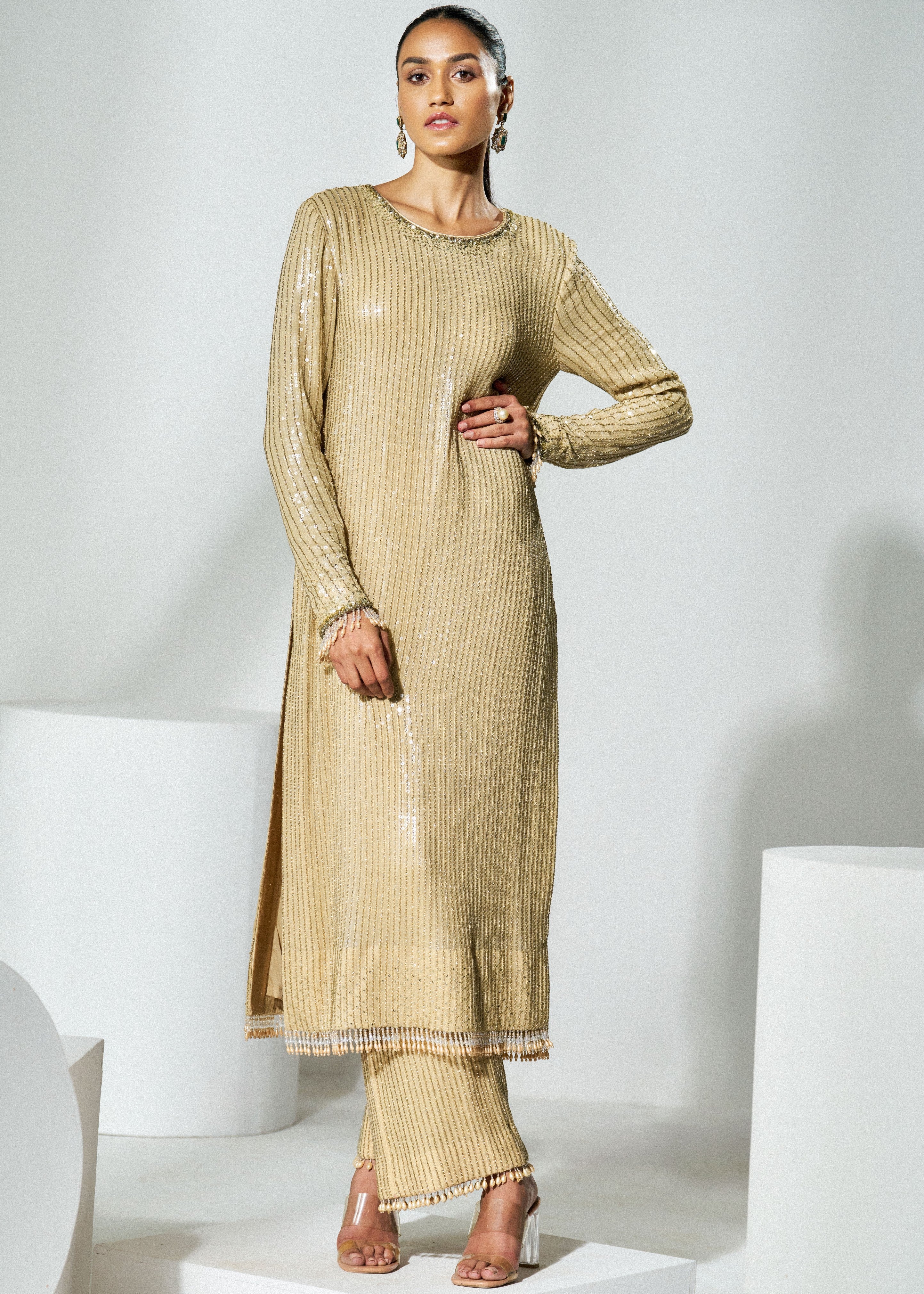 Light Gold Georgette Sequins Suit