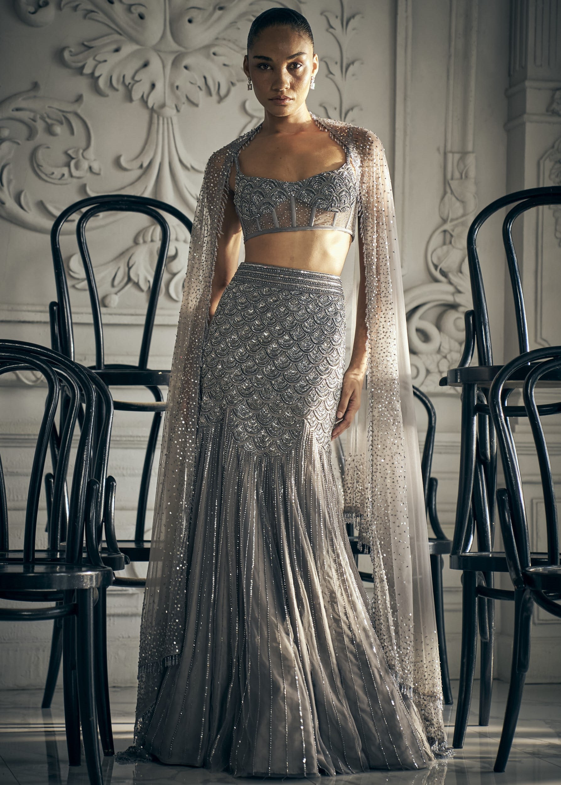 Grey Fishcut Lehenga