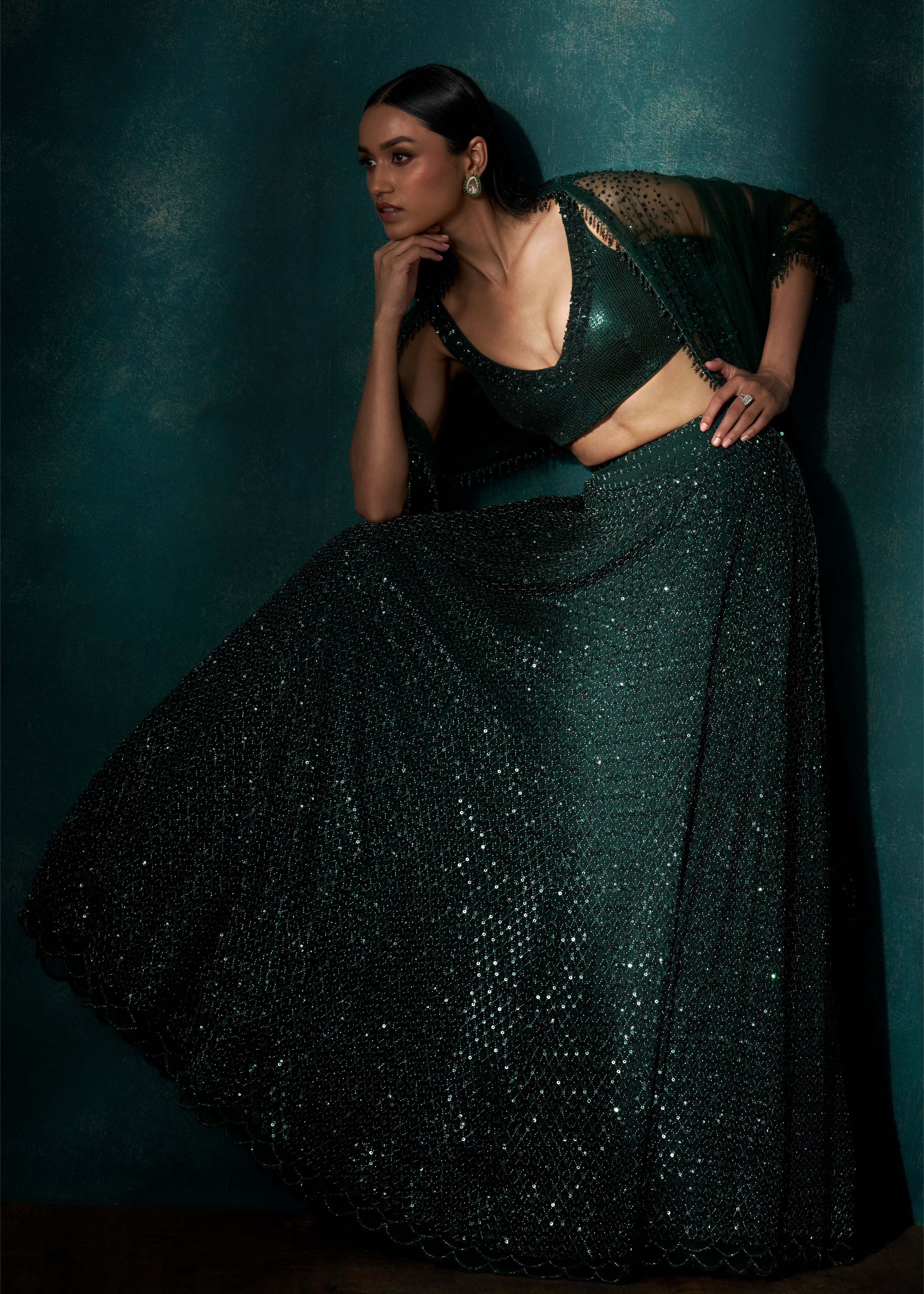 Bottle Green Cutdana Sequins Lehenga