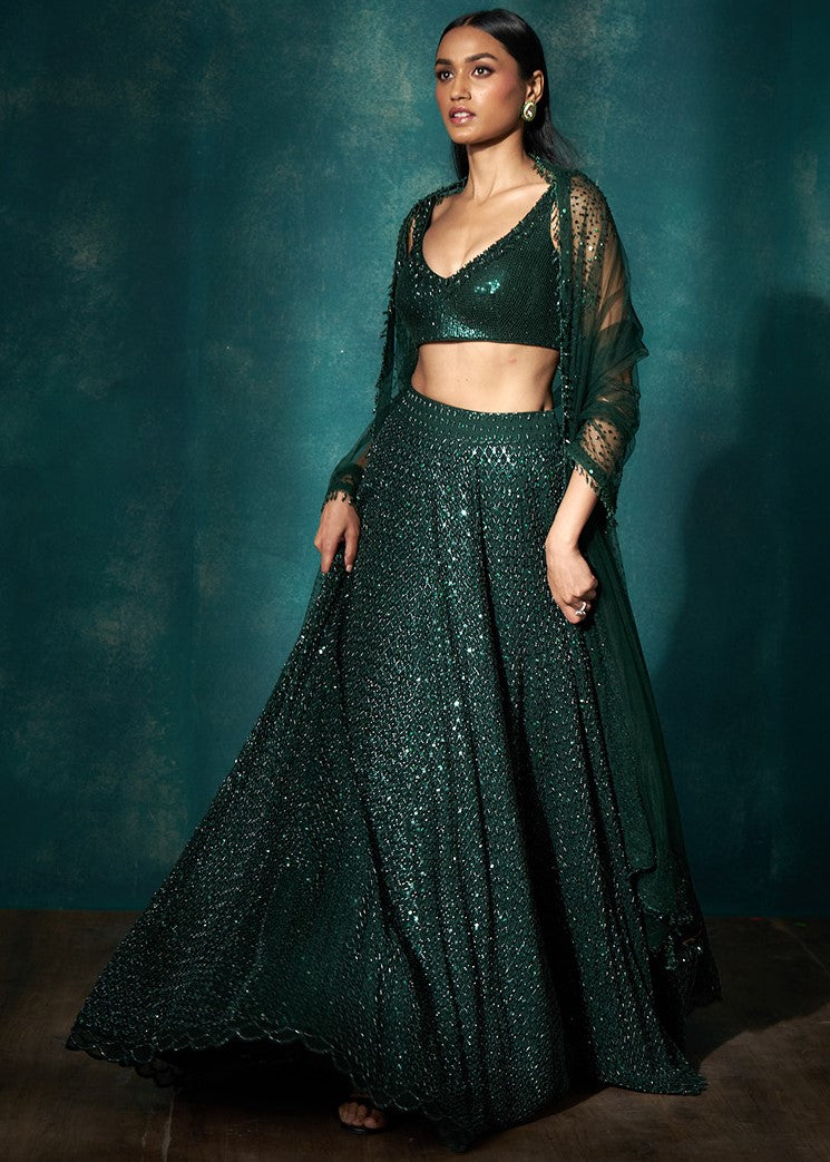 Bottle Green Cutdana Sequins Lehenga