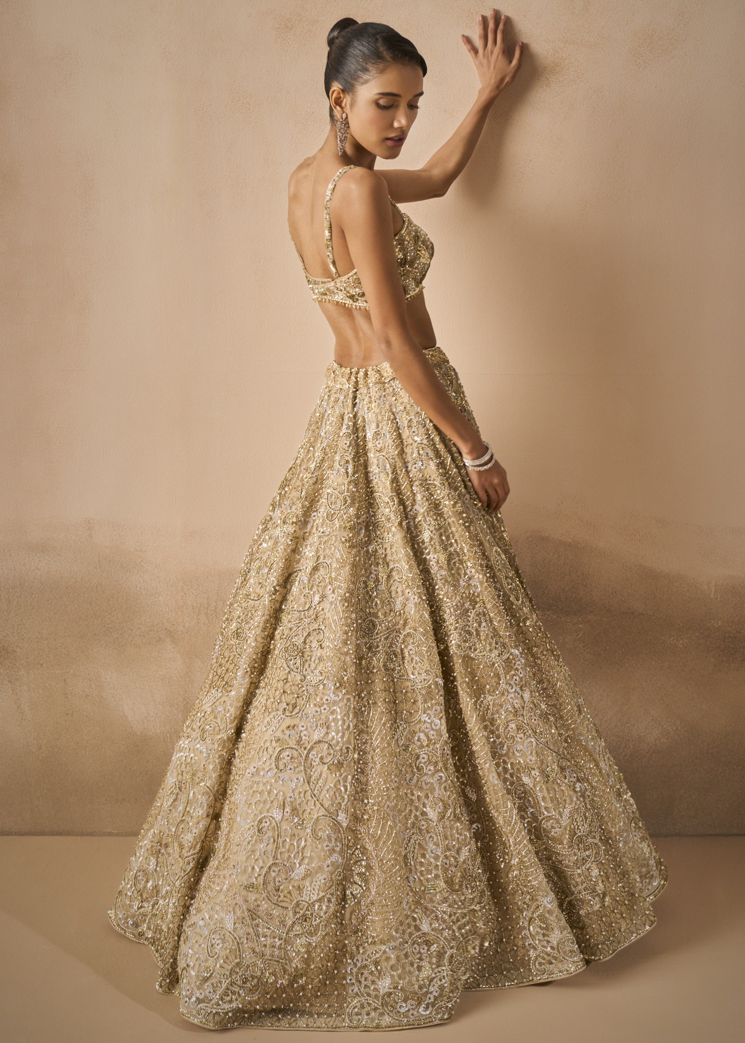Beige Gold Tulle Sparkle Lehenga Set