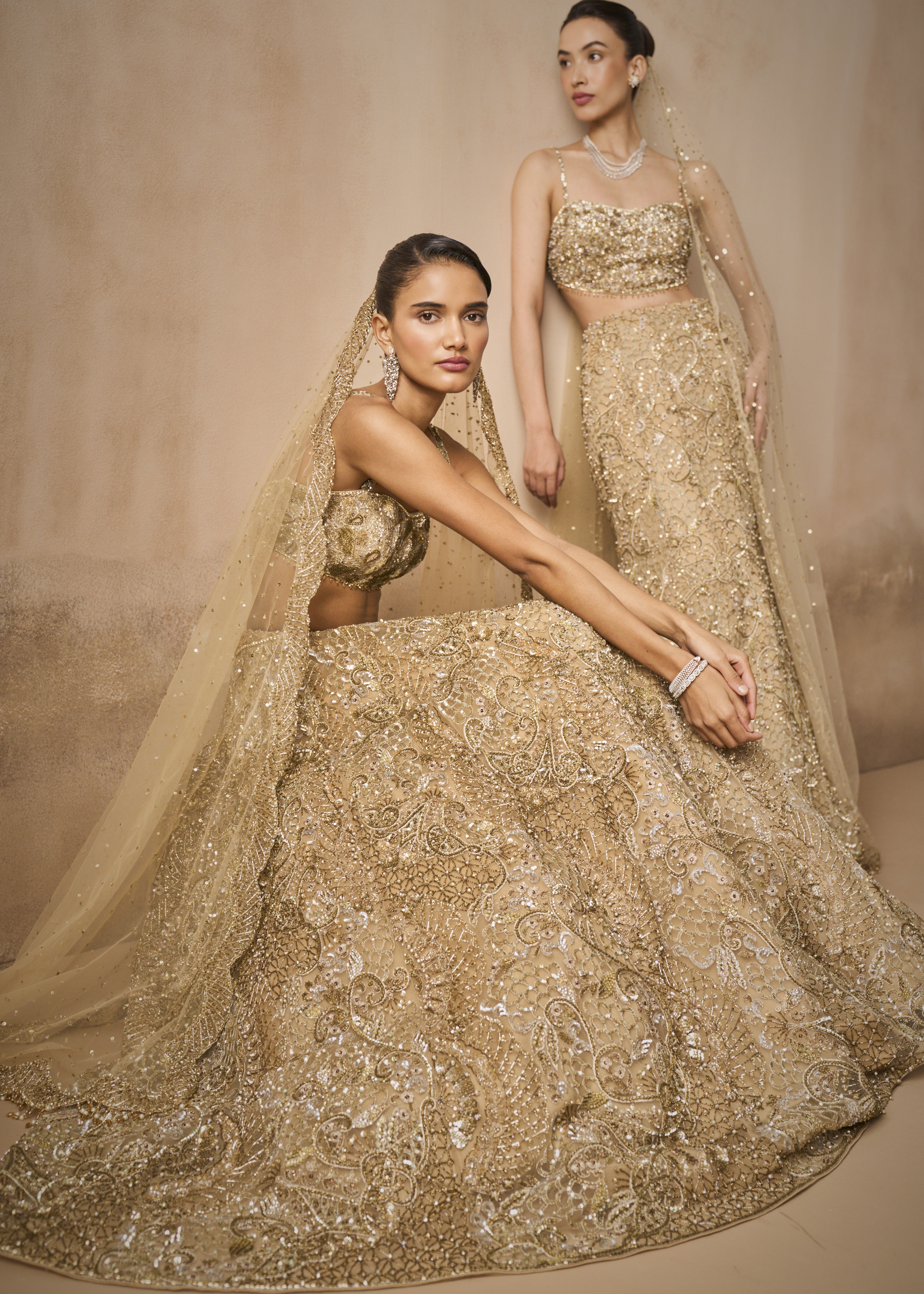 Beige Gold Tulle Sparkle Lehenga Set