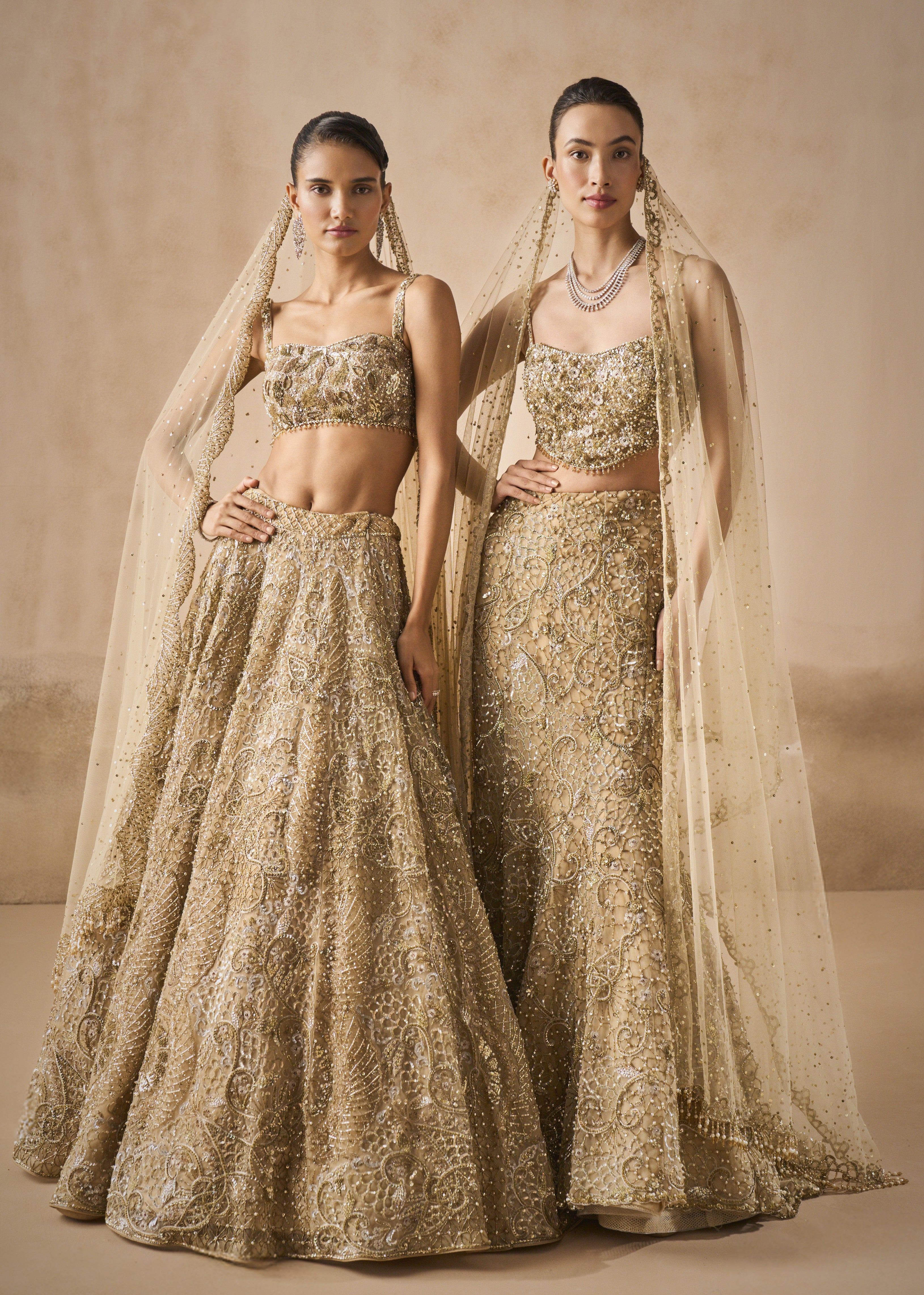 Beige Gold Tulle Sparkle Lehenga Set