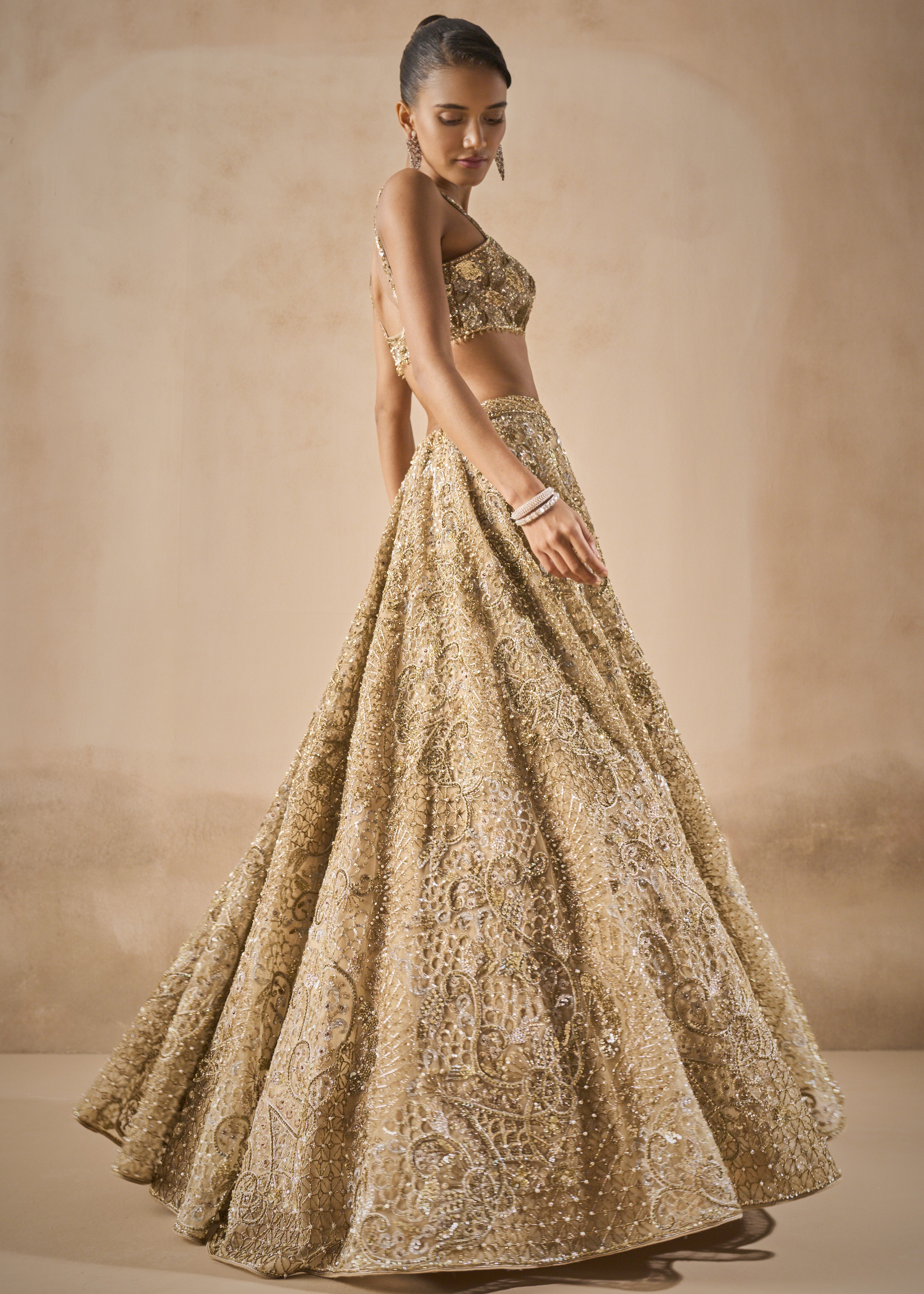 Beige Gold Tulle Sparkle Lehenga Set
