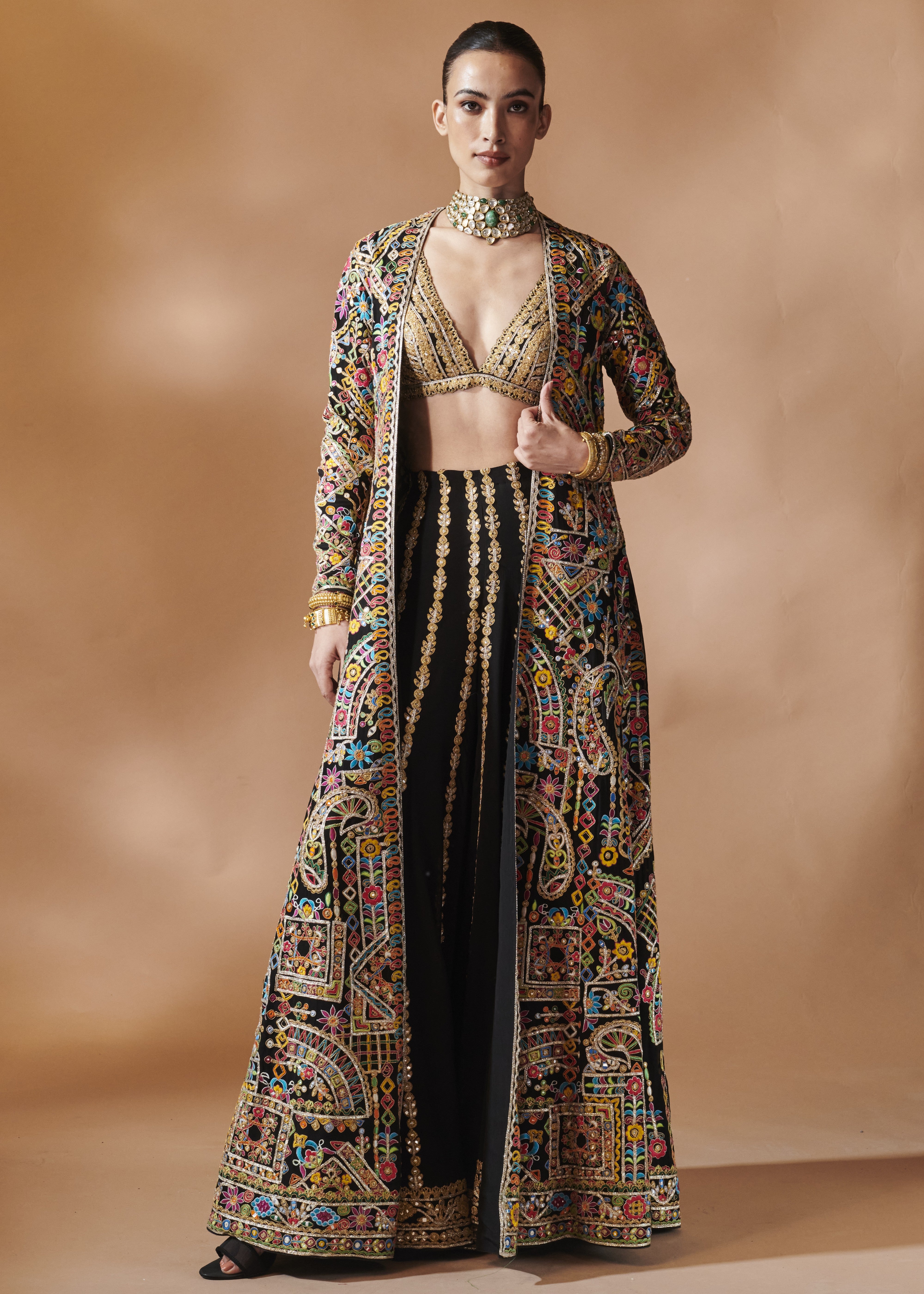 Black Long Embroidered Jacket With A Bustier And Sharara