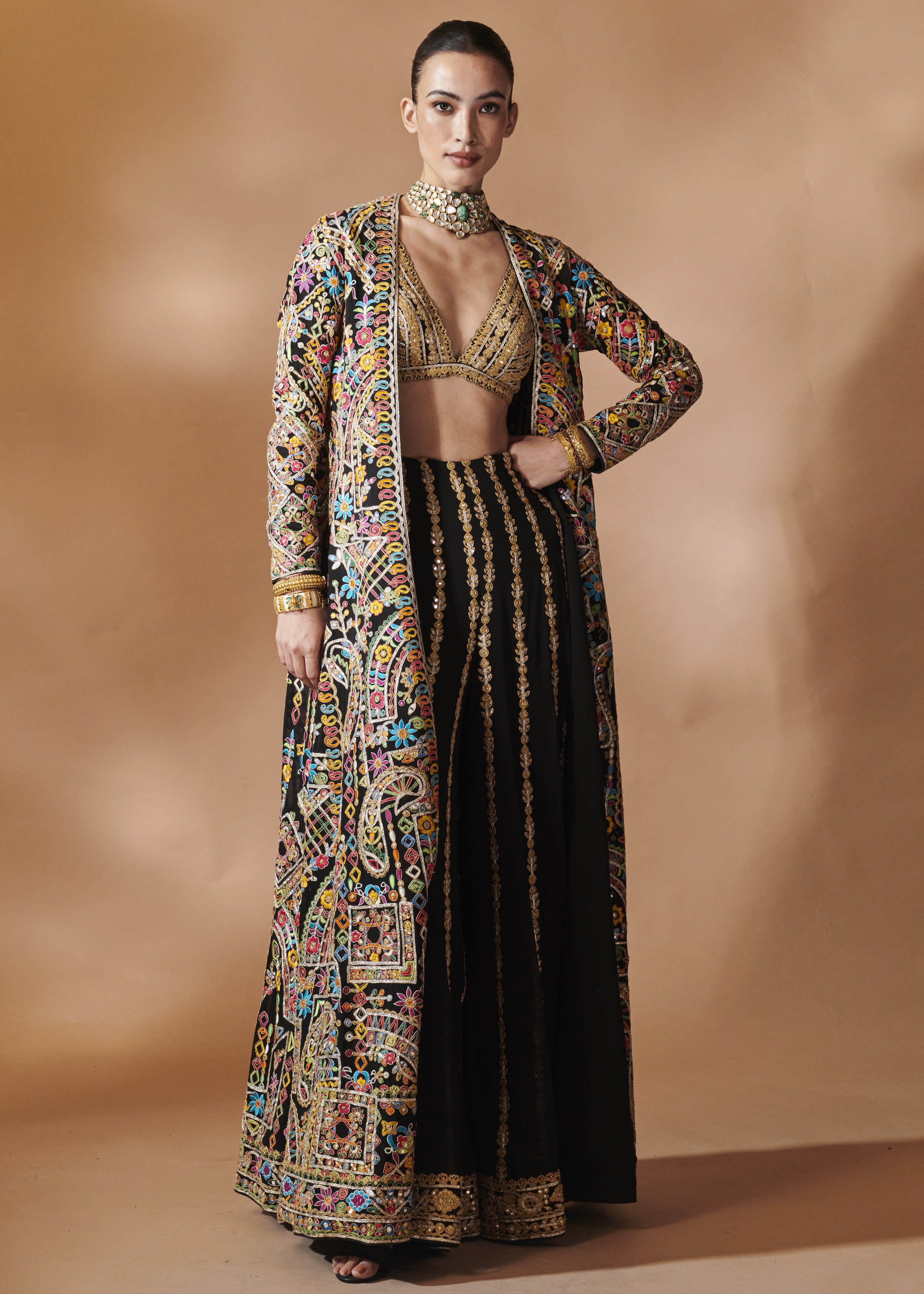 Black Long Embroidered Jacket With A Bustier And Sharara
