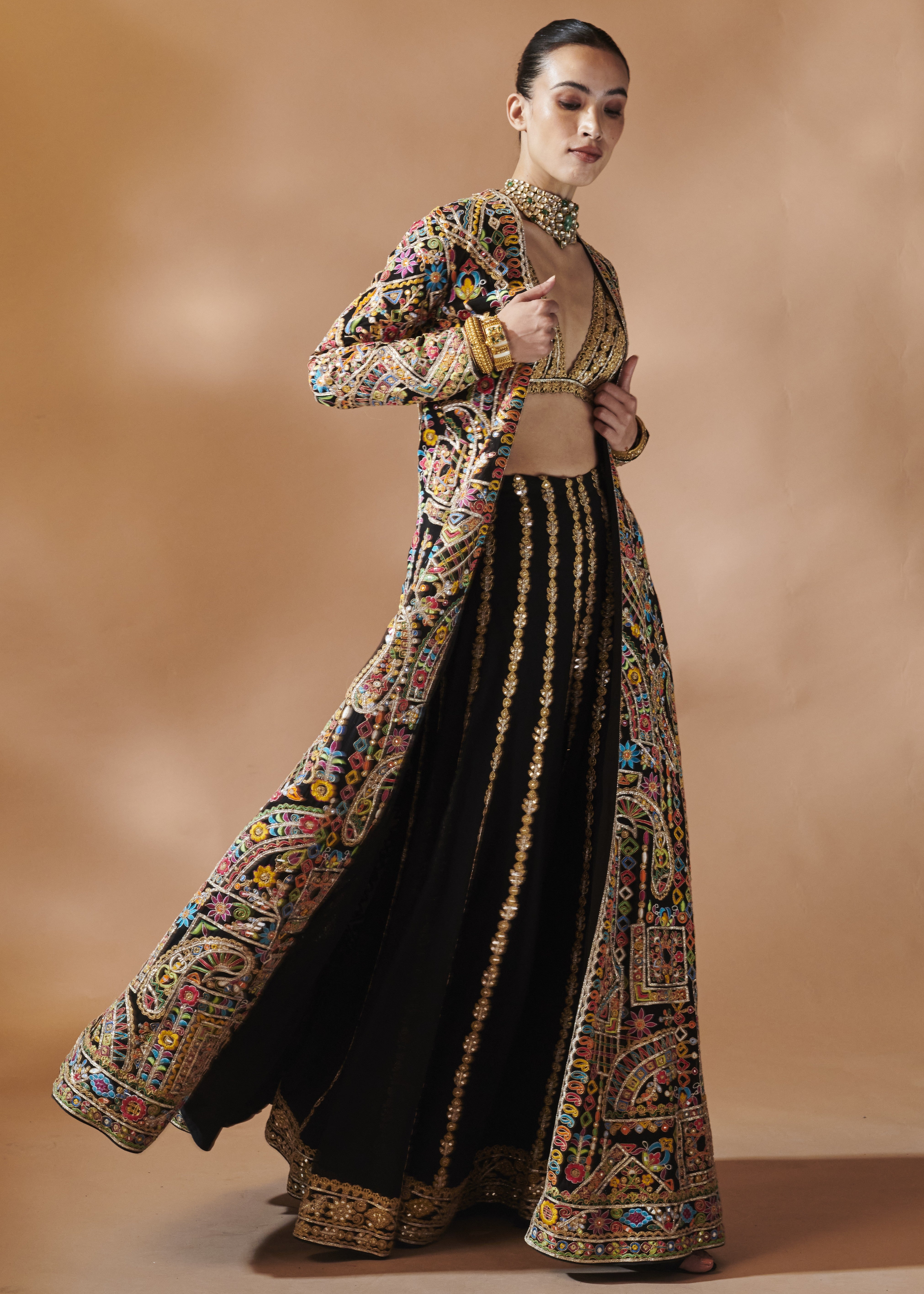Black Long Embroidered Jacket With A Bustier And Sharara