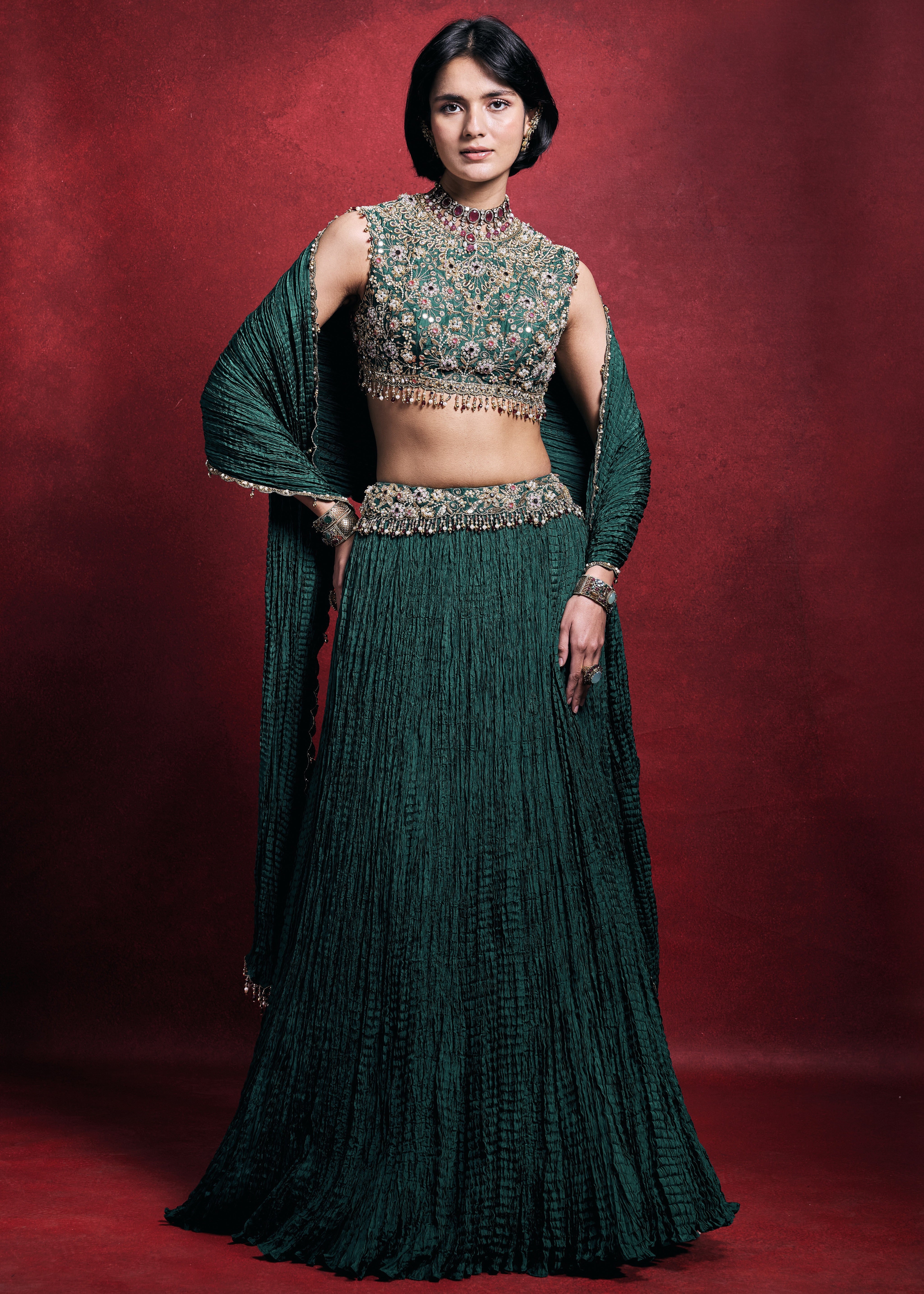 Emerald Green Crushed Lehenga Set