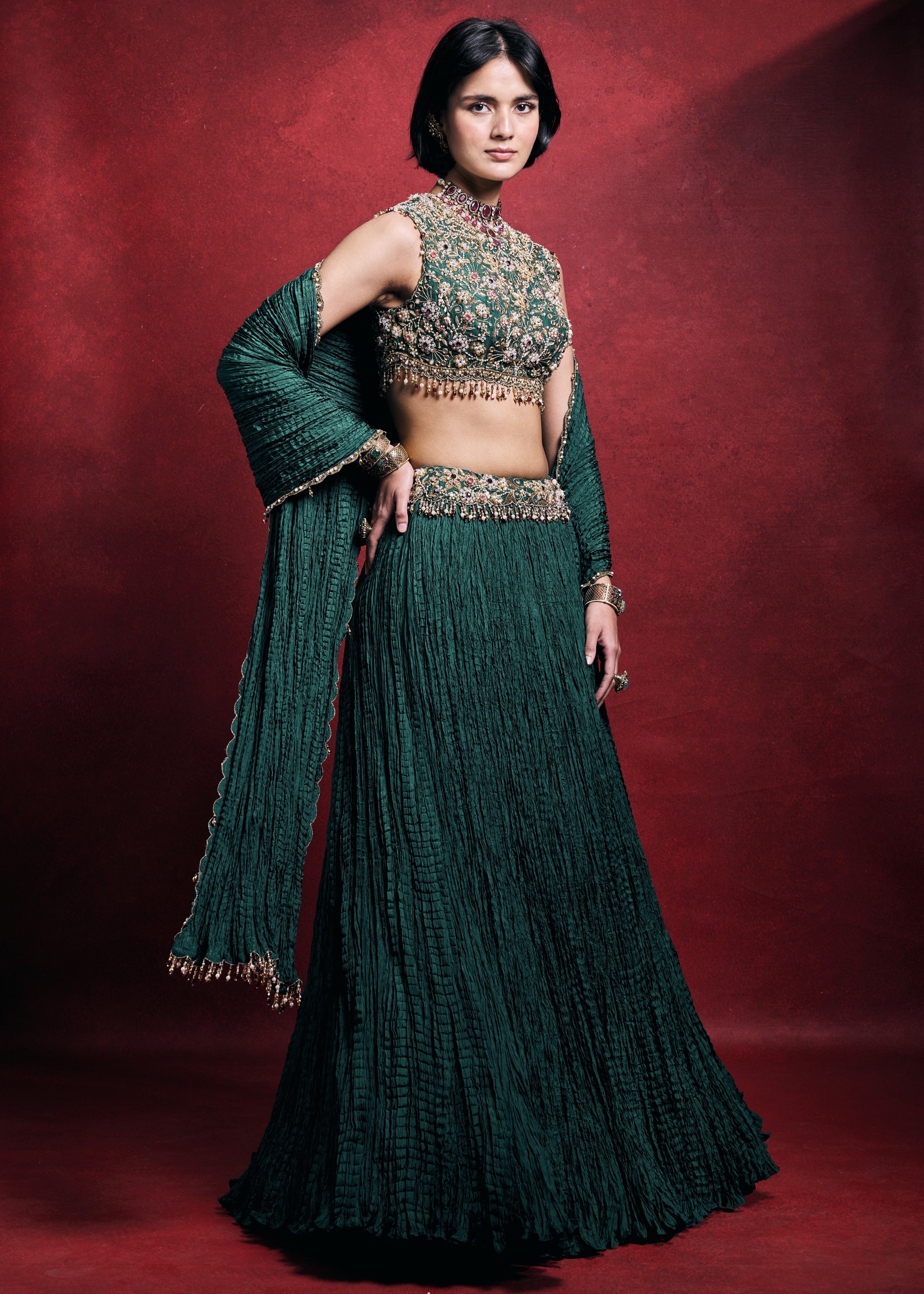 Emerald Green Crushed Lehenga Set