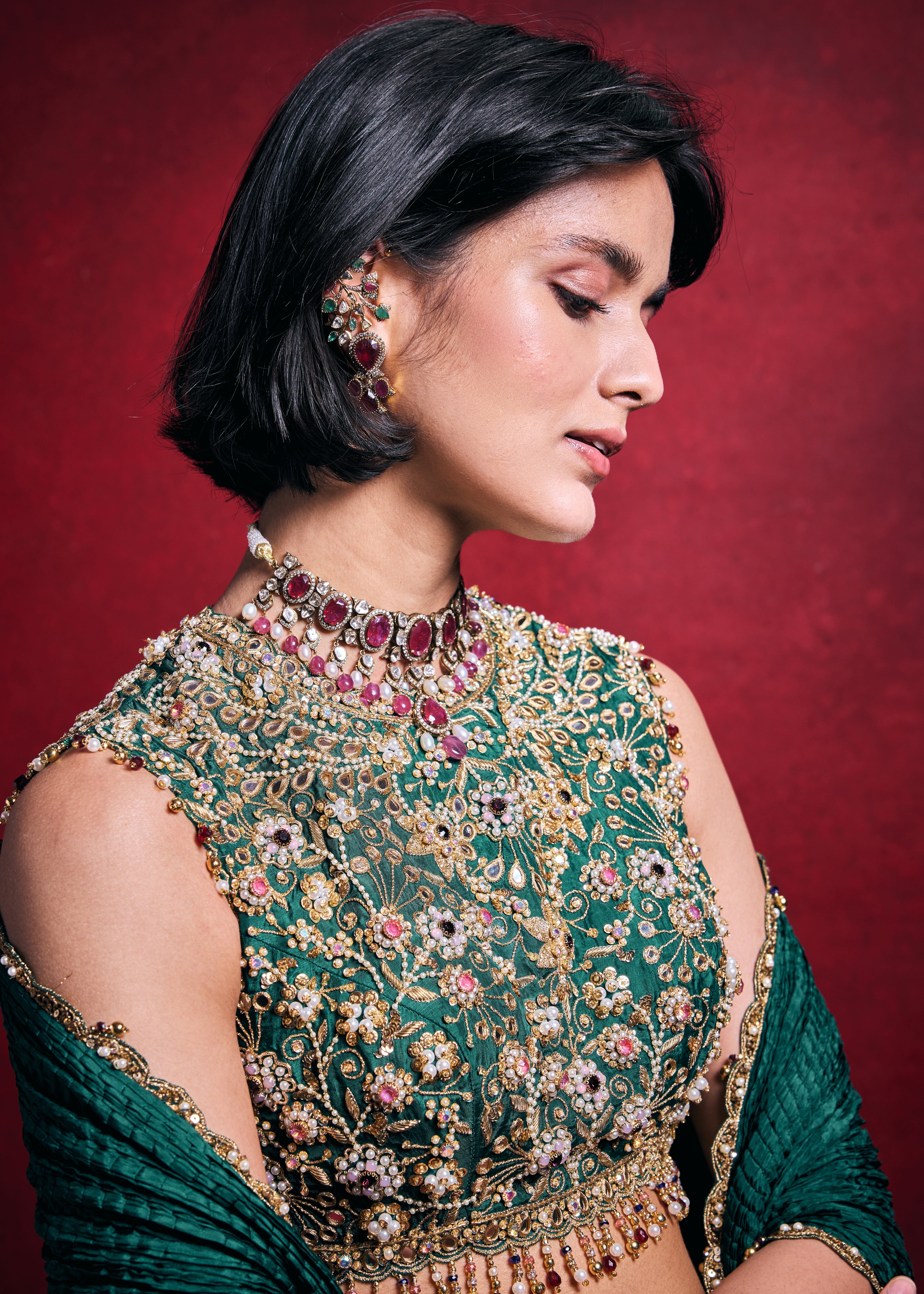 Emerald Green Crushed Lehenga Set