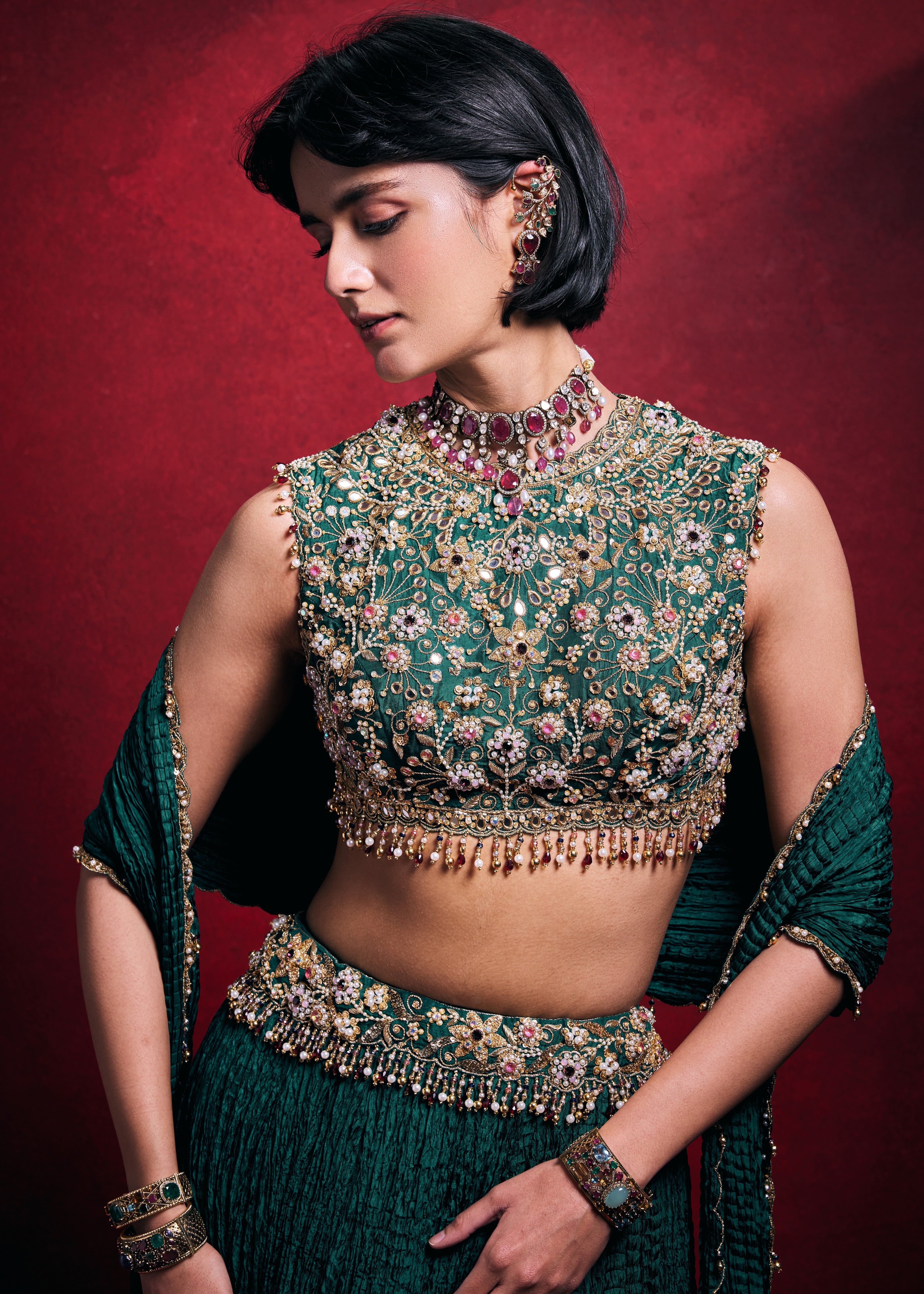 Emerald Green Crushed Lehenga Set