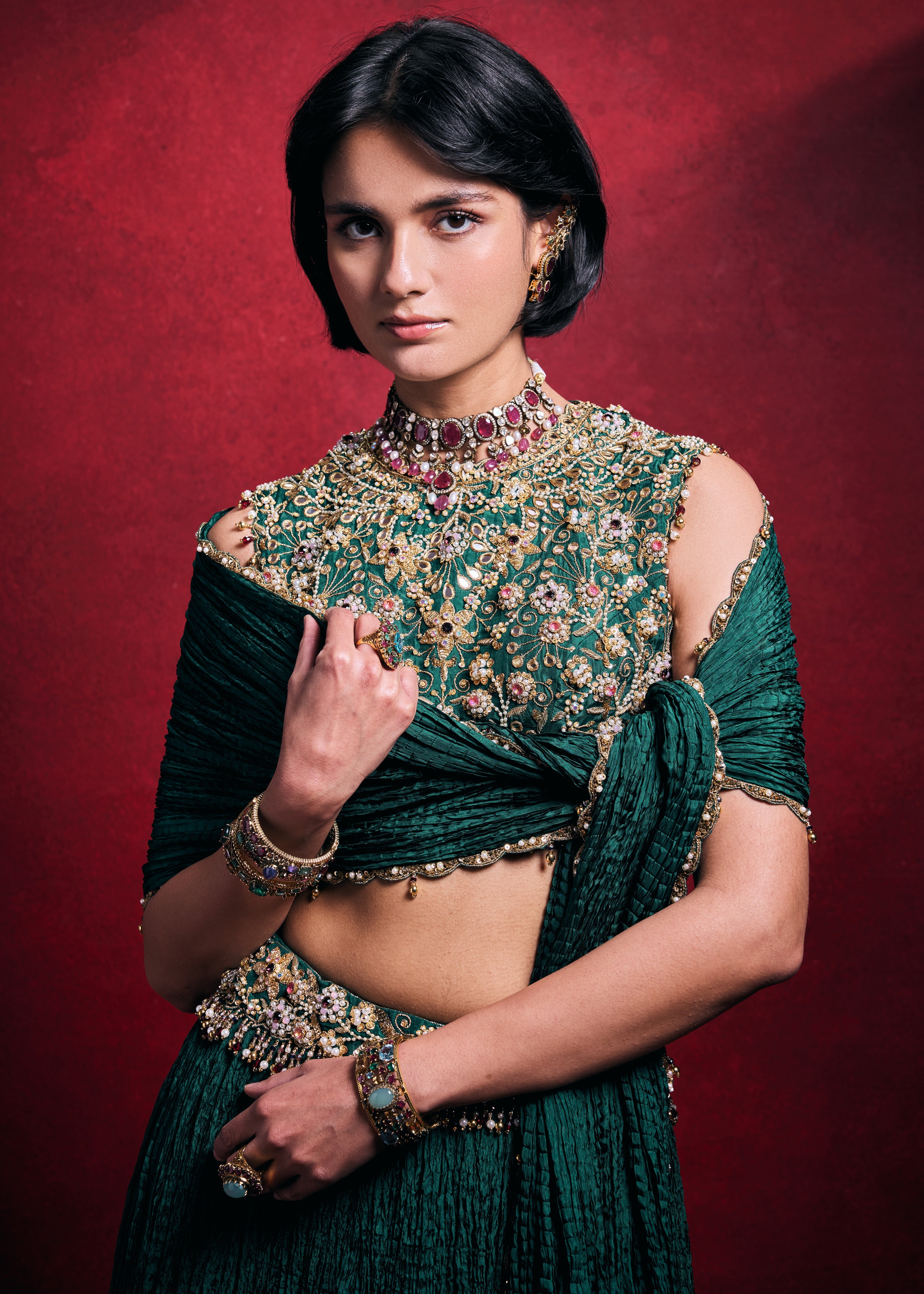 Emerald Green Crushed Lehenga Set