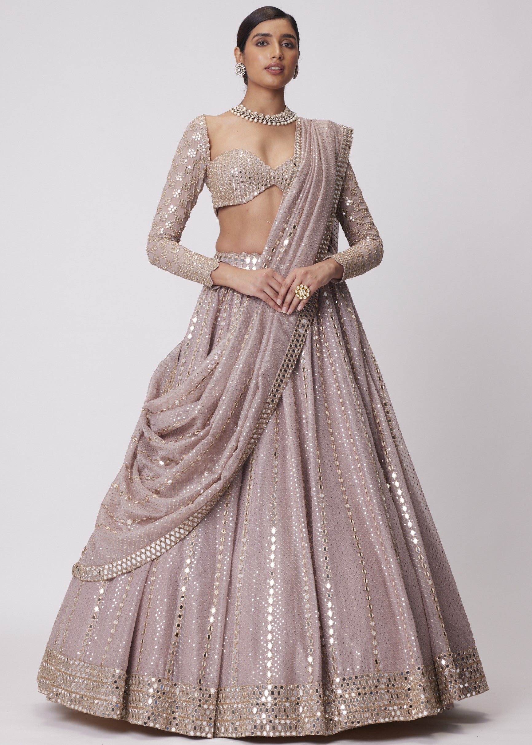 Ash Pink Sequin And Mirror Embroidered Lehenga Set