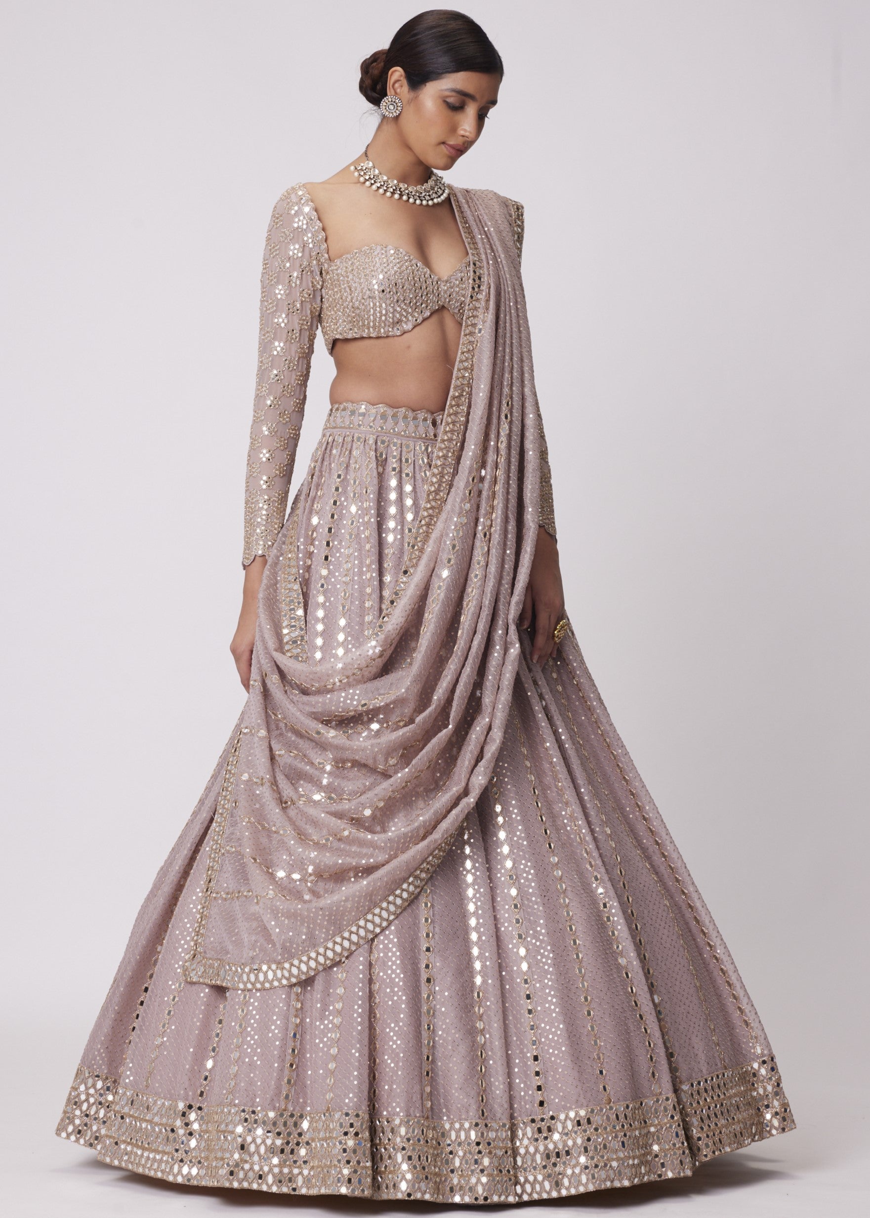 Ash Pink Sequin And Mirror Embroidered Lehenga Set