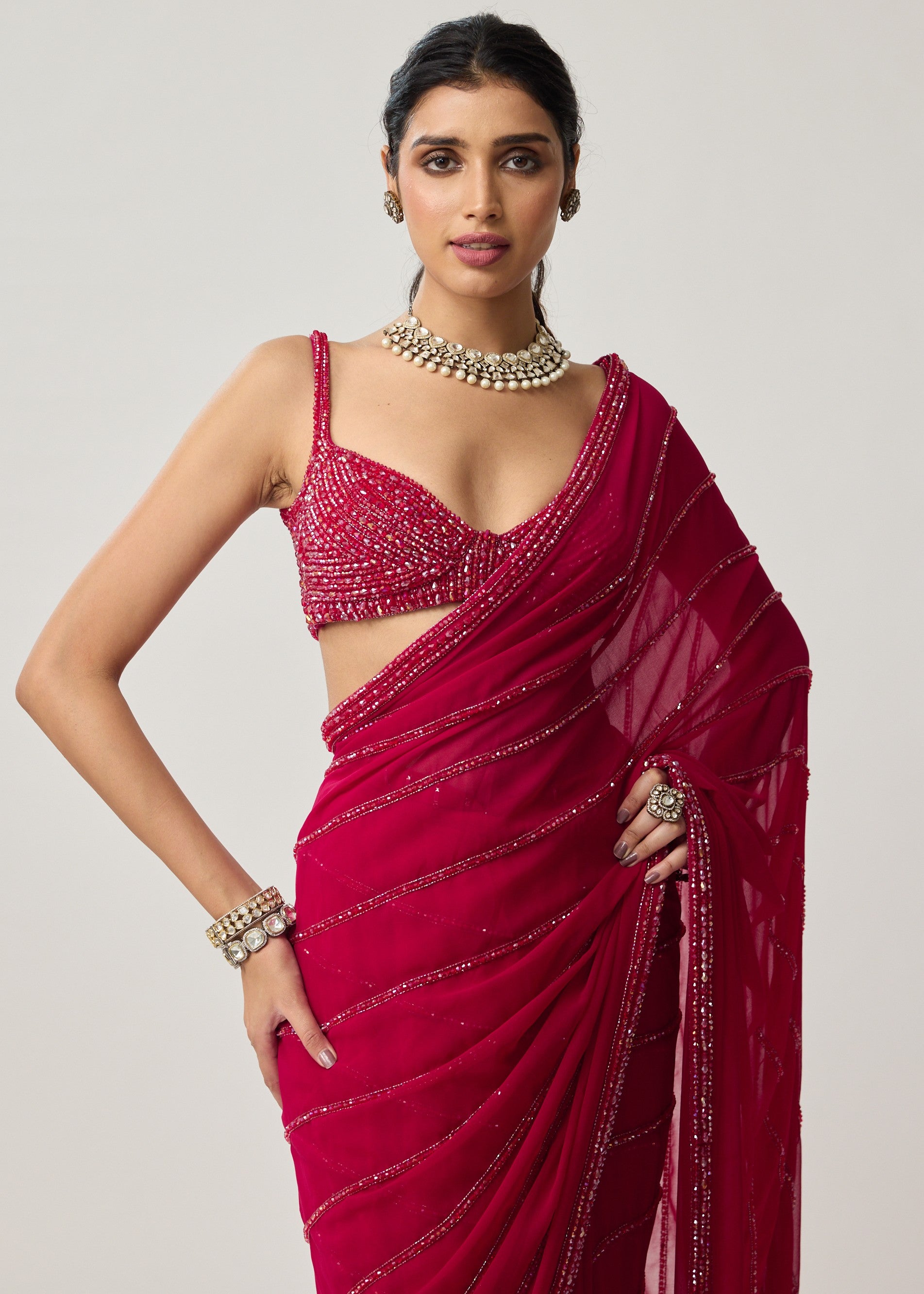 Ruby Red Crystal Sari Set