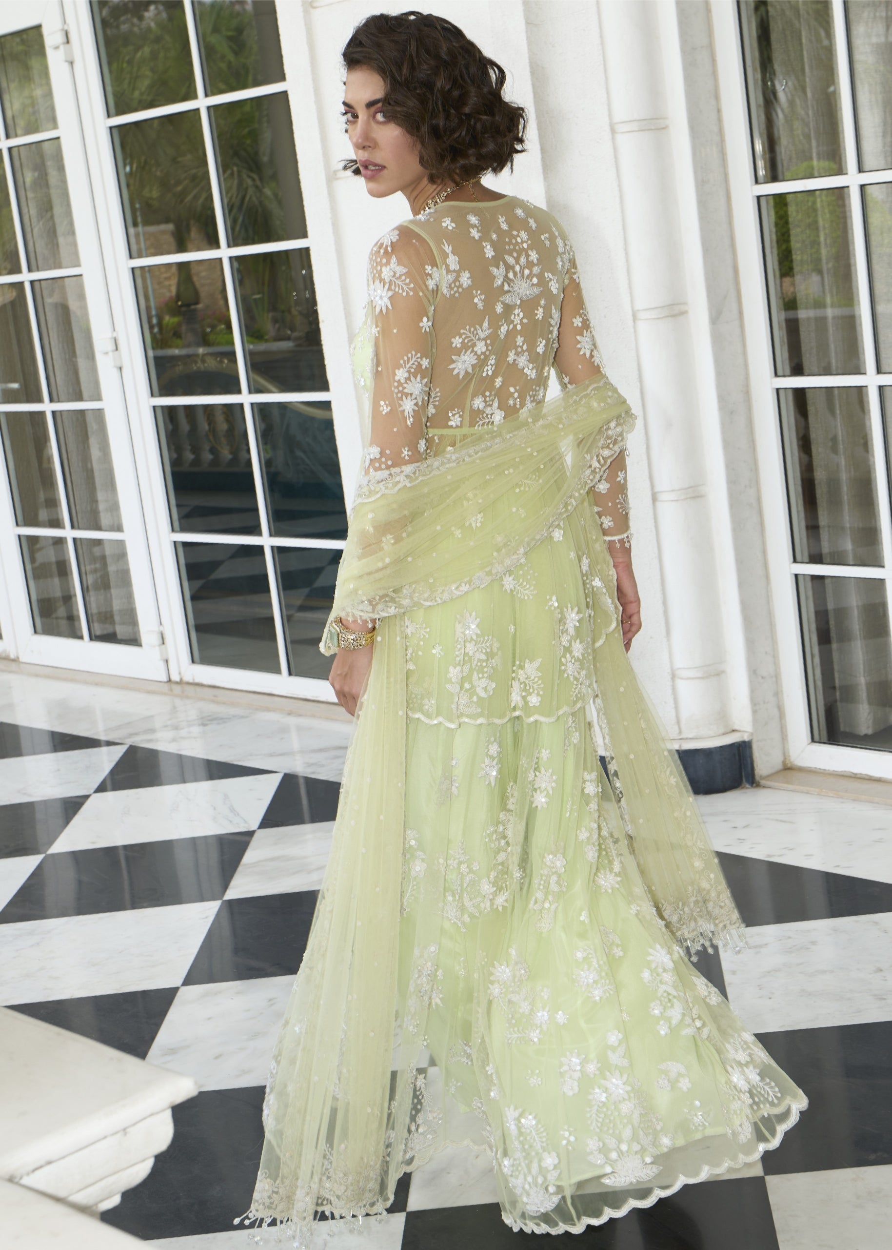 Lime Green Net Peplum Sharara Set